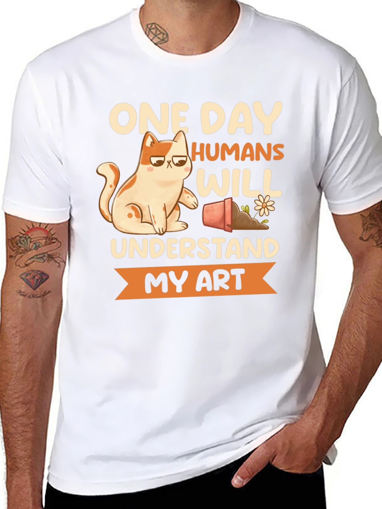 Black Funny Cat Art T-Shirt - Humans Will Understand view 8