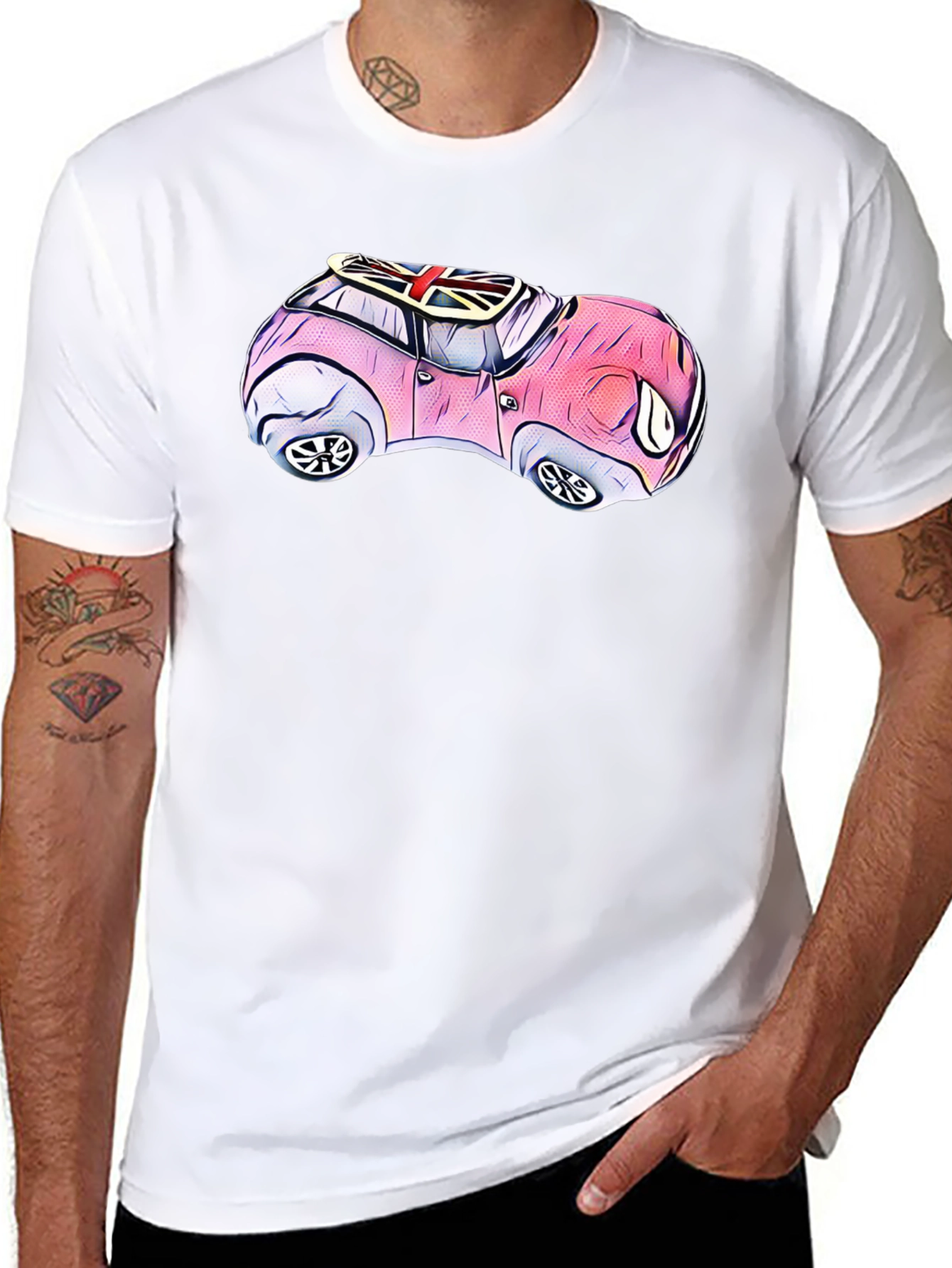 Black Cartoon Car T-Shirt - British Flag Design view 8