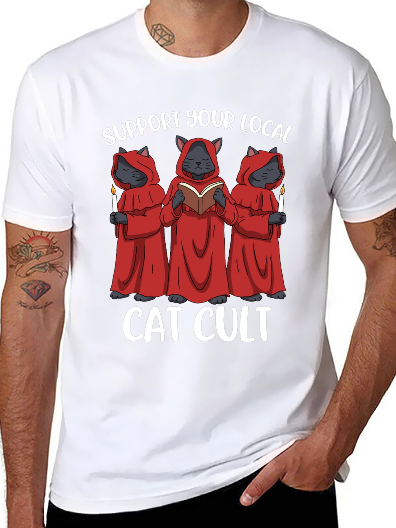 Black Support Your Local Cat Cult T-Shirt view 8