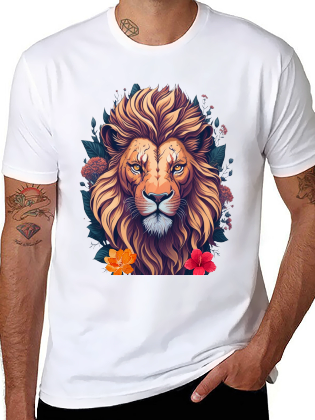 Black Lion Floral T-Shirt, Unique Graphic Tee view 8