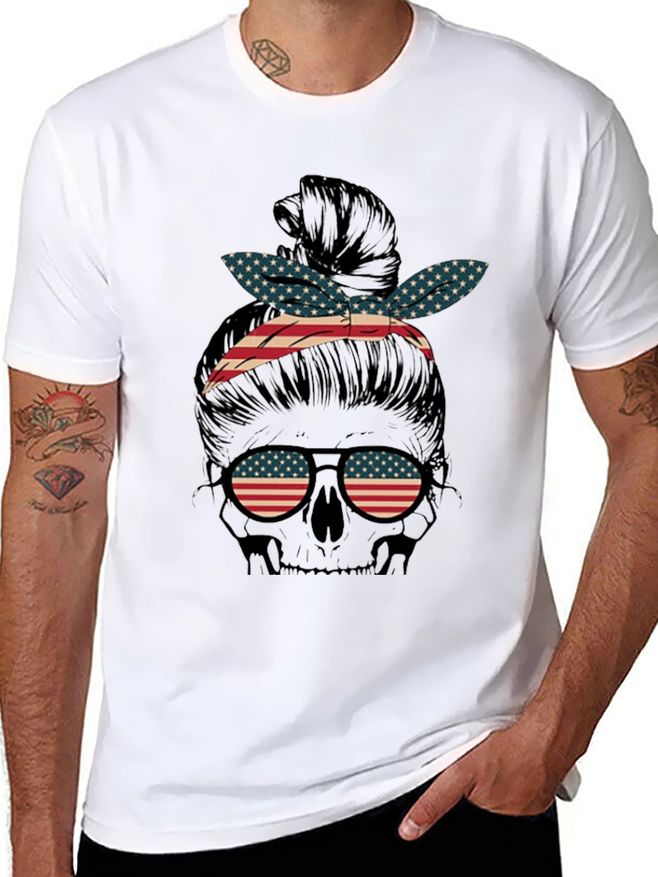 Black American Flag Skull Messy Bun Graphic Tee view 8