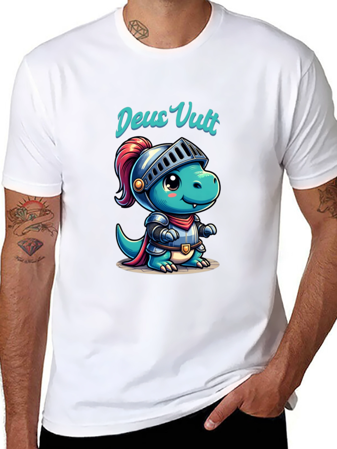 Black Deus Vult Dinosaur Knight Graphic T-Shirt view 8