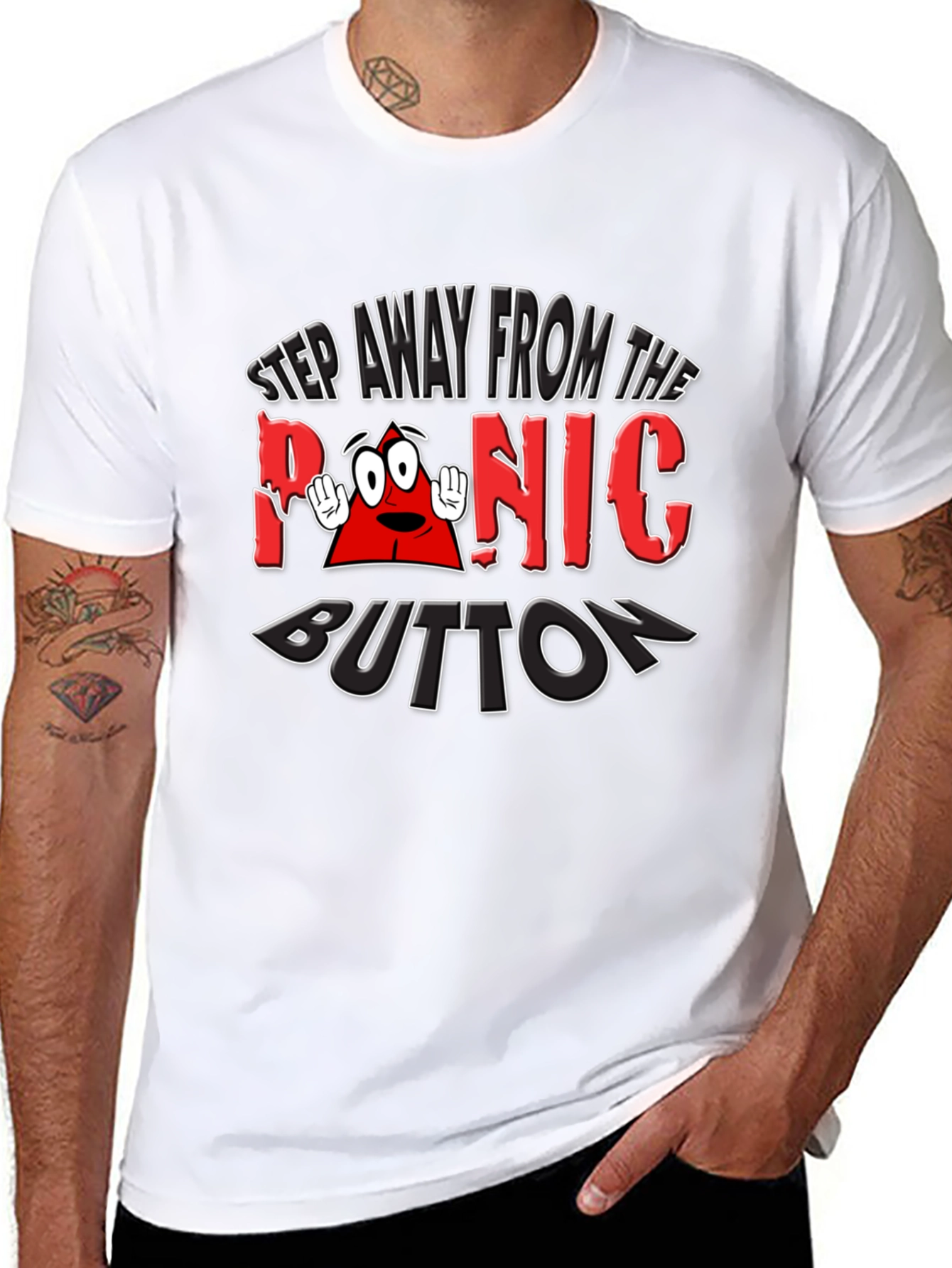 Black Panic Button Graphic T-Shirt Funny Tee view 8