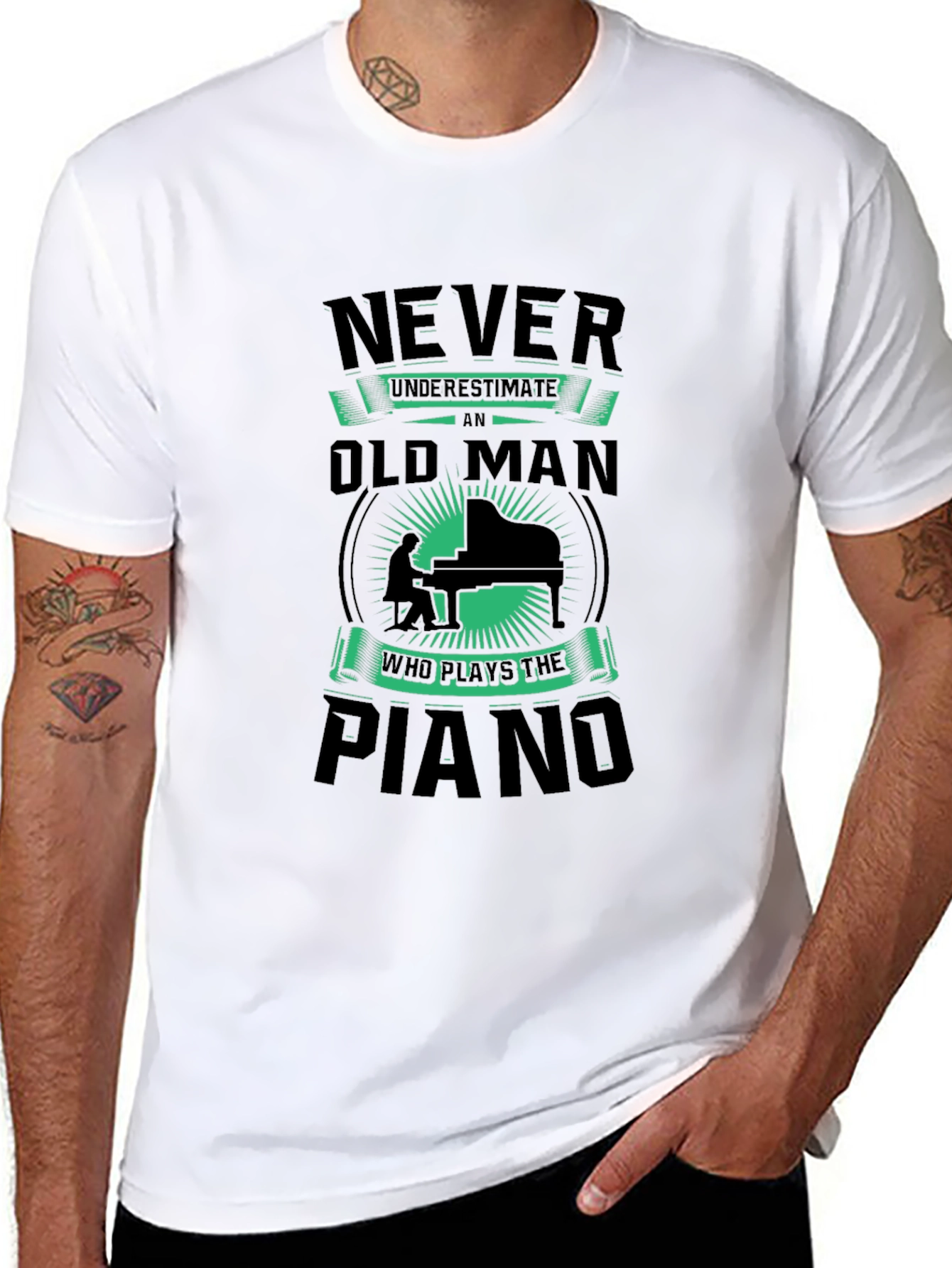 Black Never Underestimate Old Man Piano T-Shirt view 8