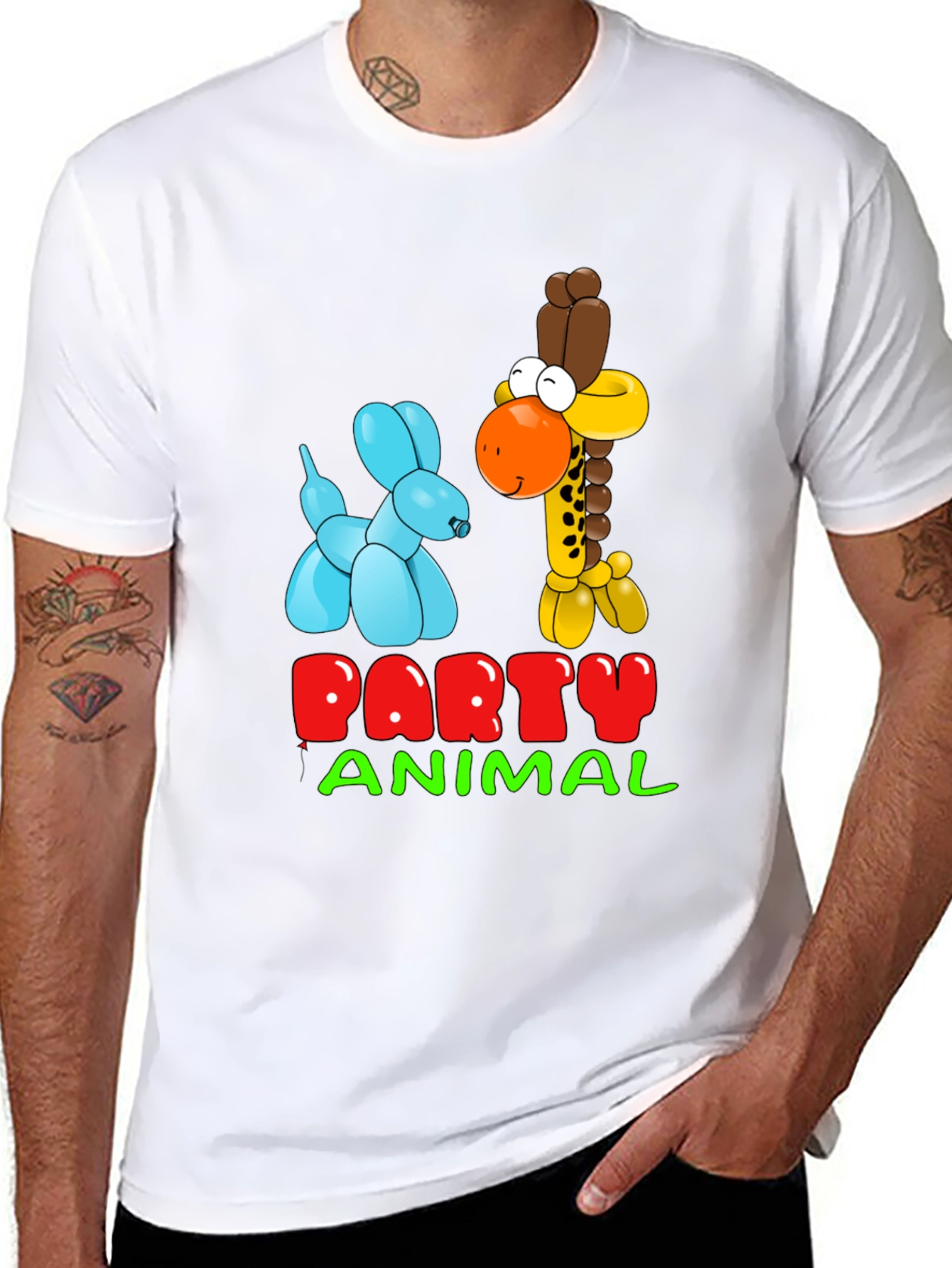 Black Party Animal T-Shirt with Balloon Giraffe and Dog Design view 8