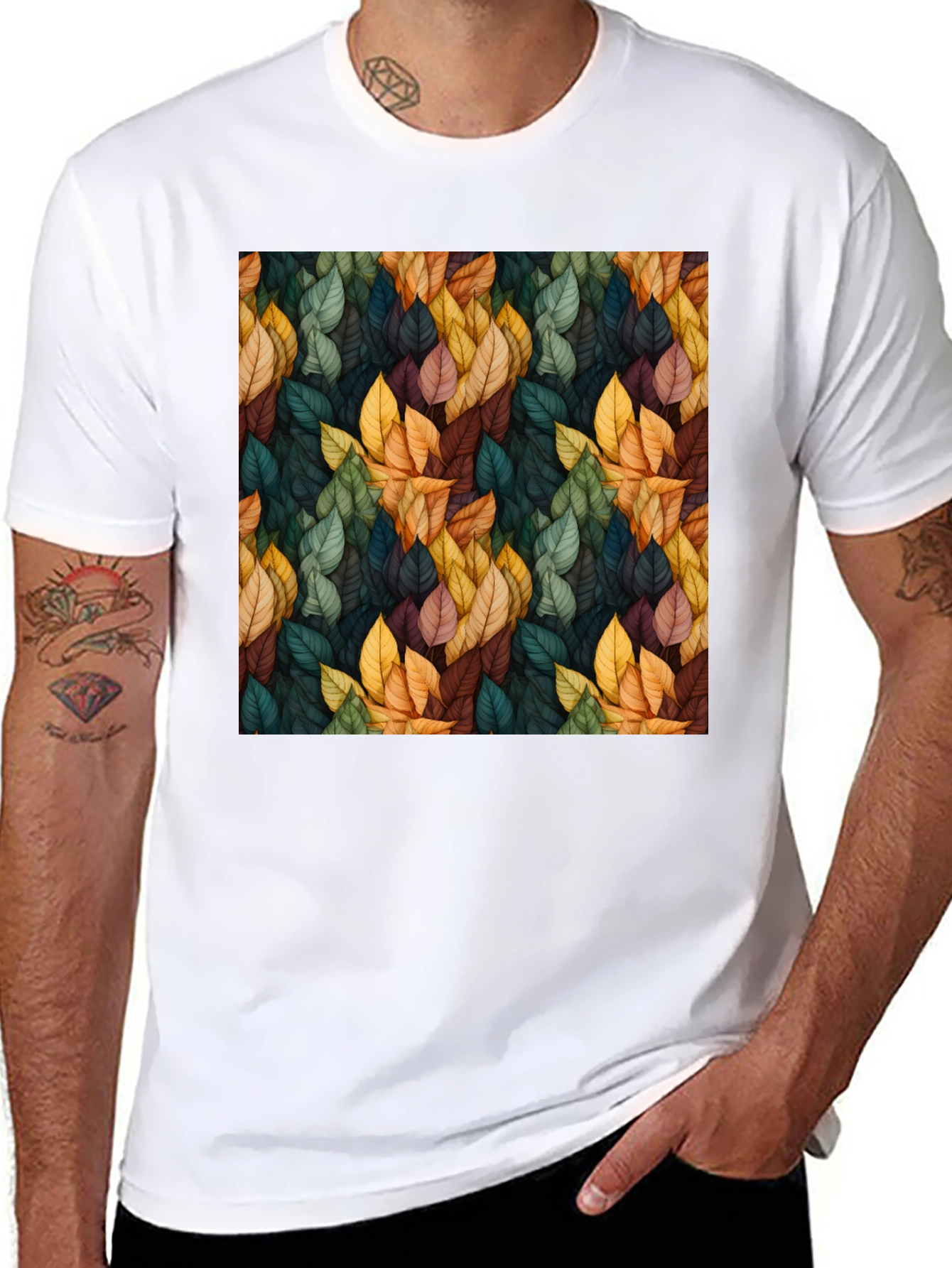 Black Autumn Leaf Pattern Black T-Shirt view 8