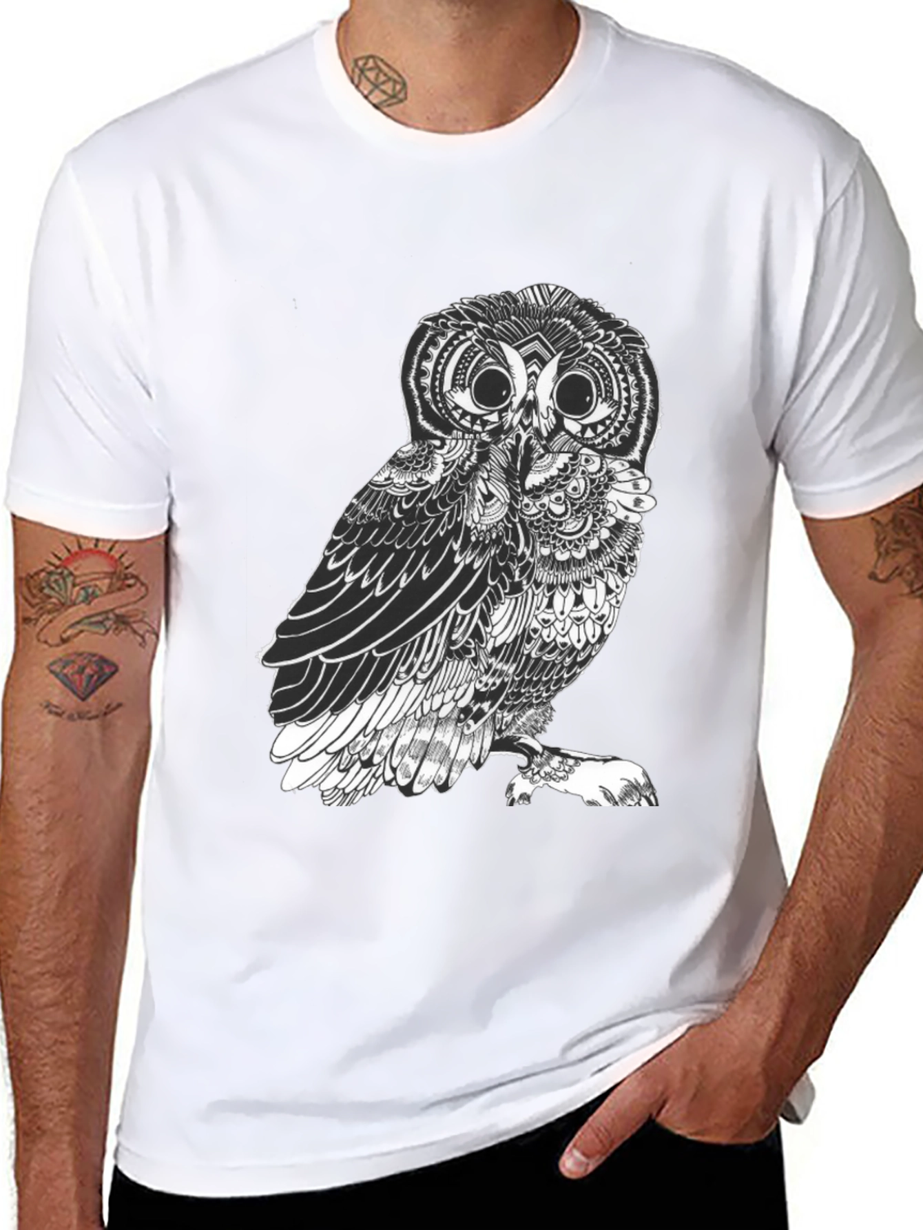 Black Men's Black Owl Graphic Tee - Unique Design view 8