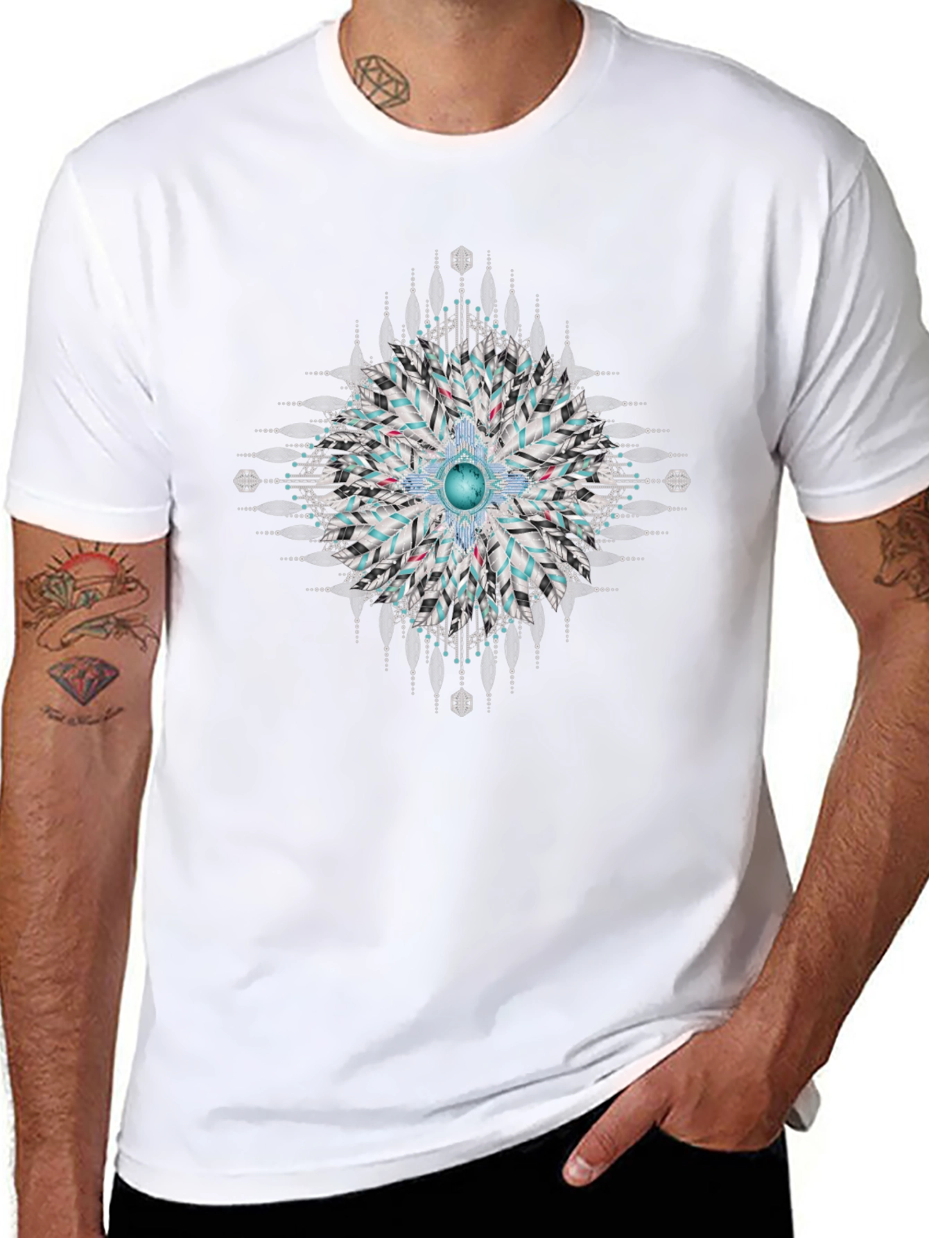 Black Geometric Mandala Print Black T-Shirt view 8