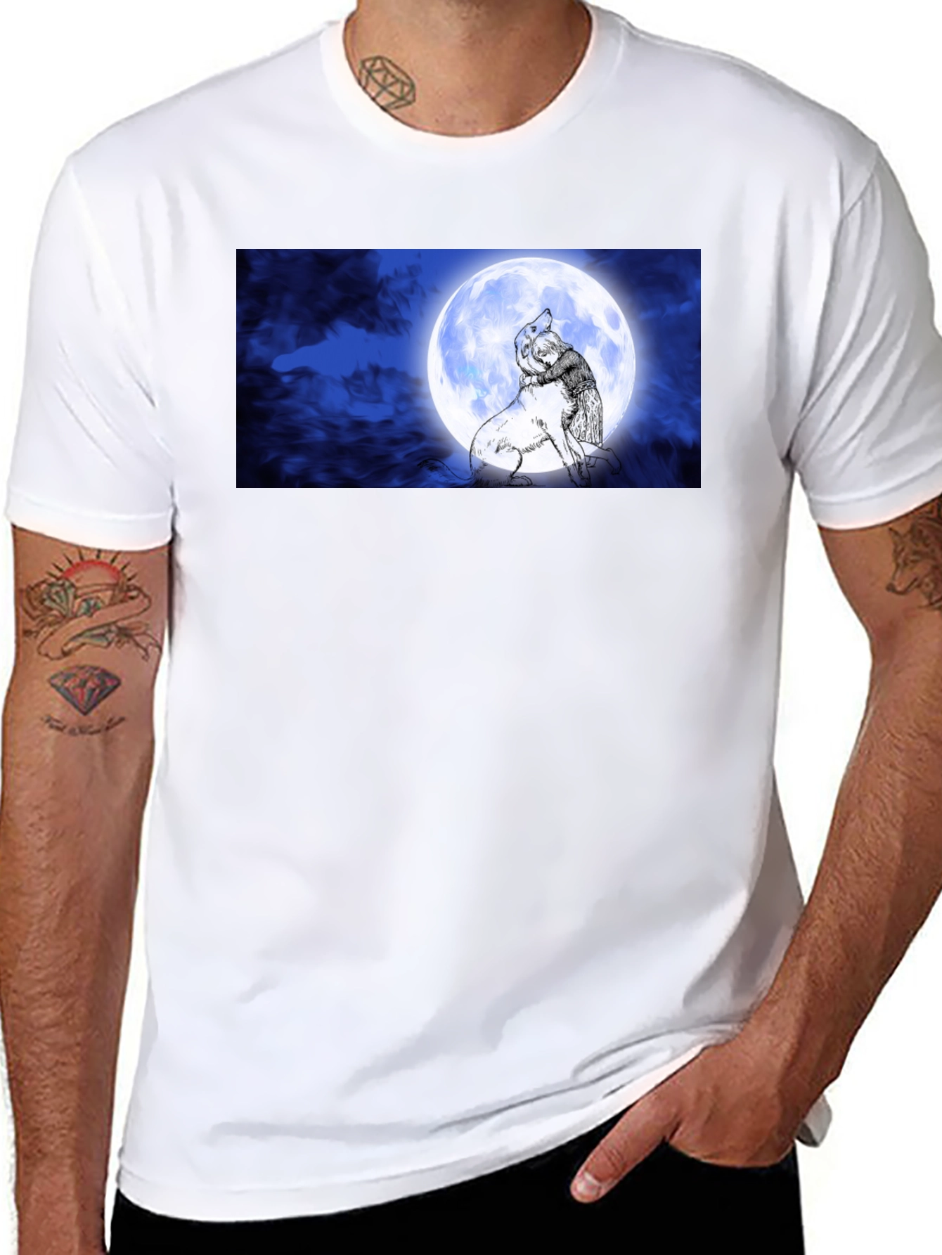 Black Moonlit Embrace T-Shirt: Man & Wolf Design view 8