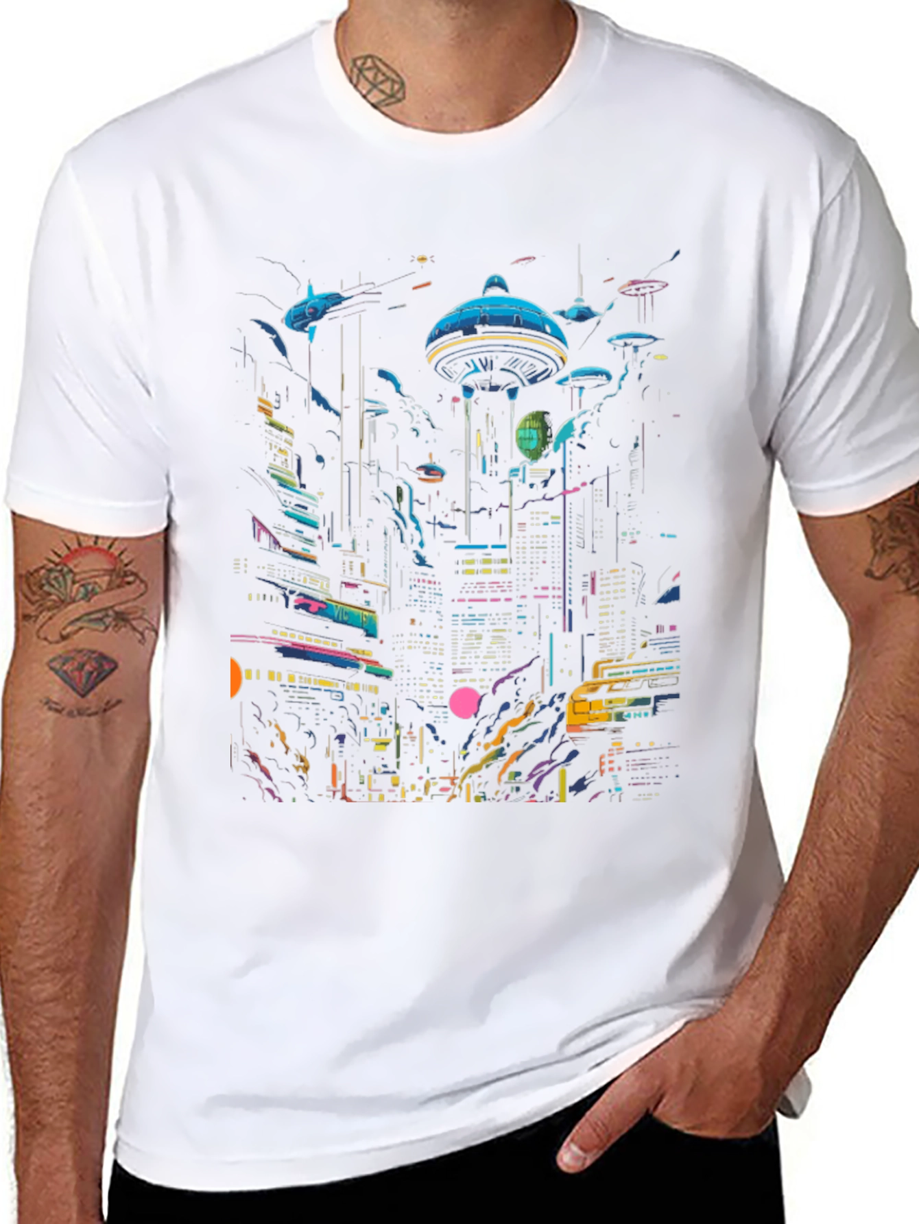 Black Neon Cityscape Graphic Tee - Retro Future Design view 8