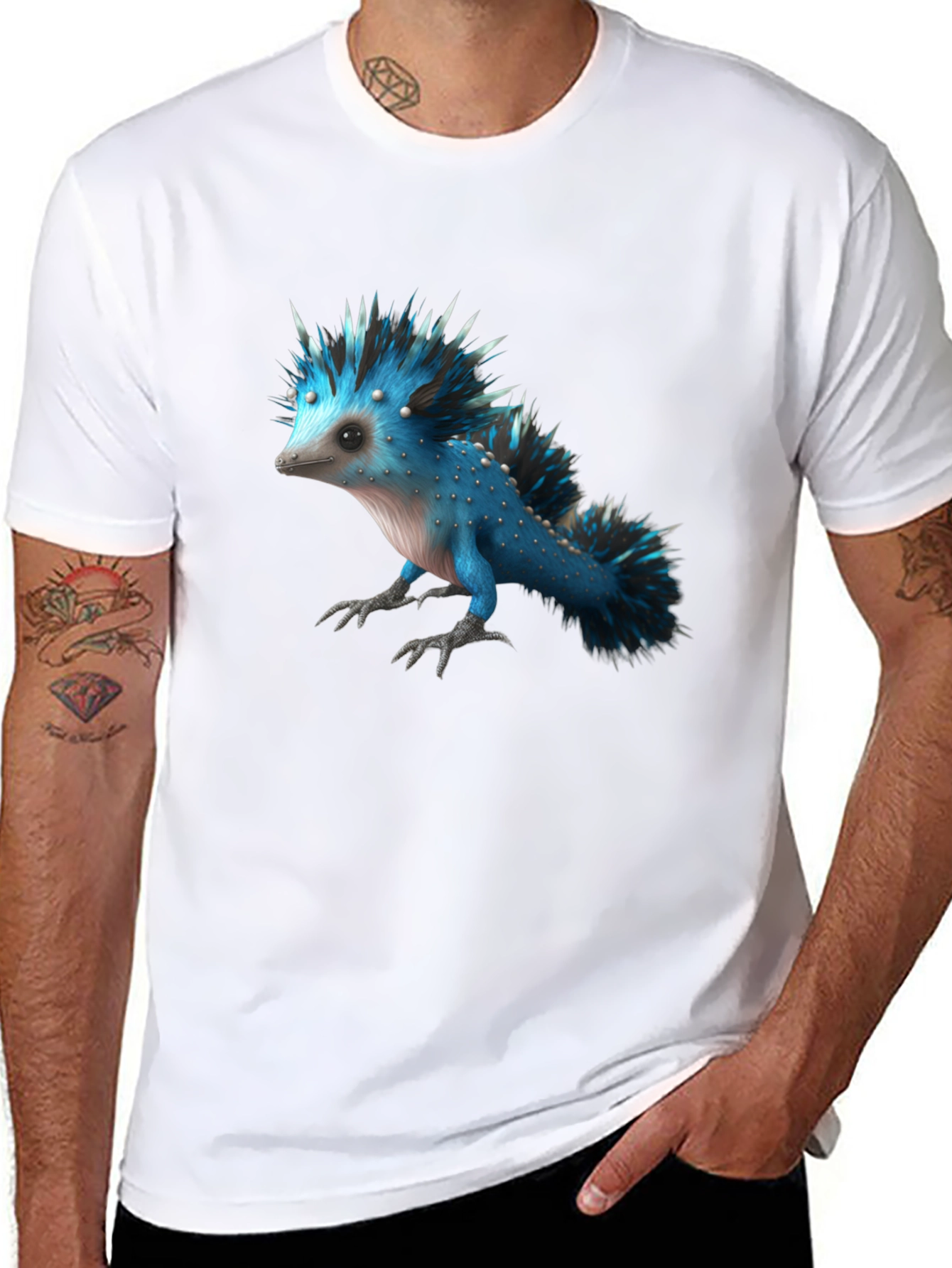 Black Men's Black T-Shirt with Blue Creature Graphic view 8