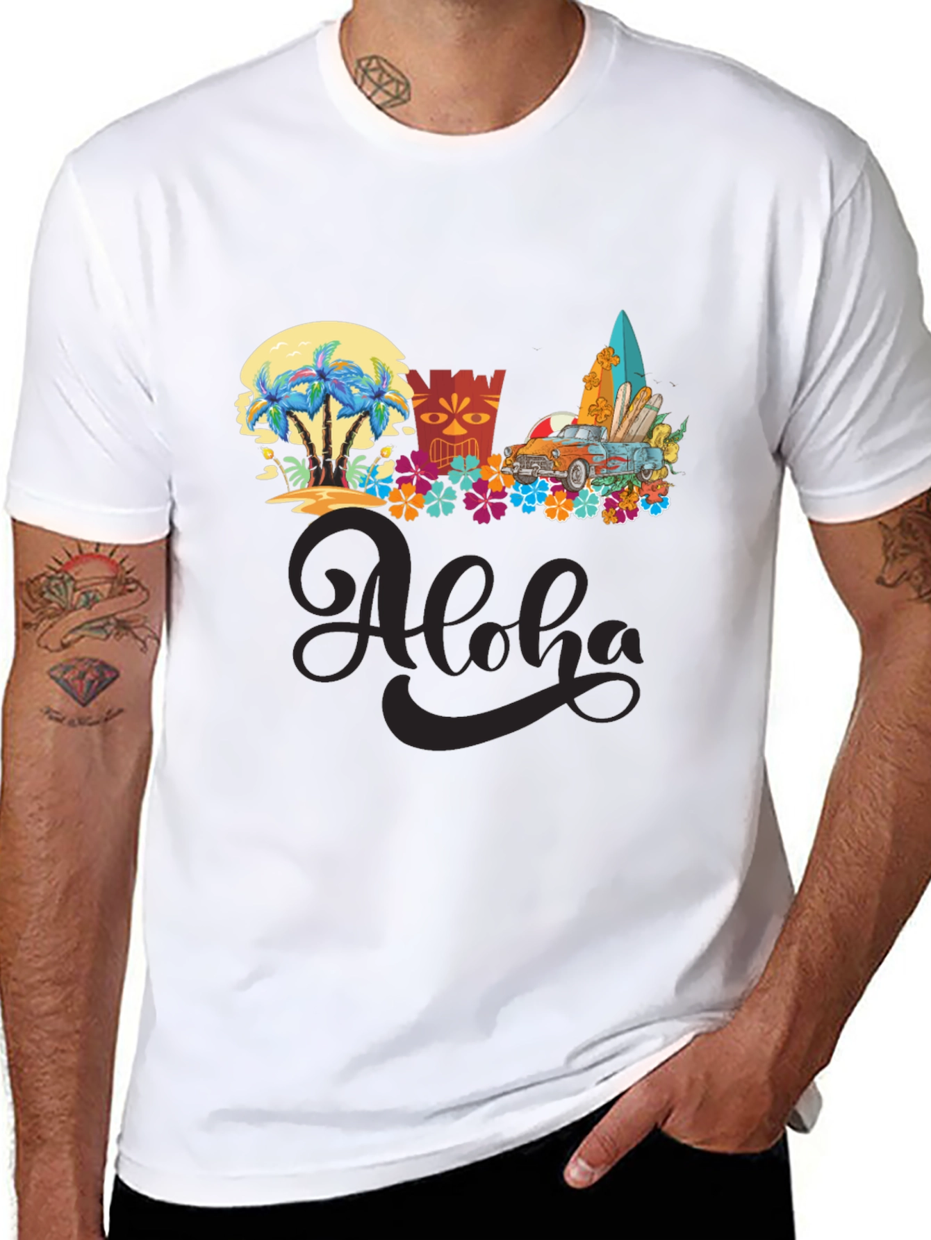 Black Aloha Summer T-Shirt: Beach Car & Surfboards view 8