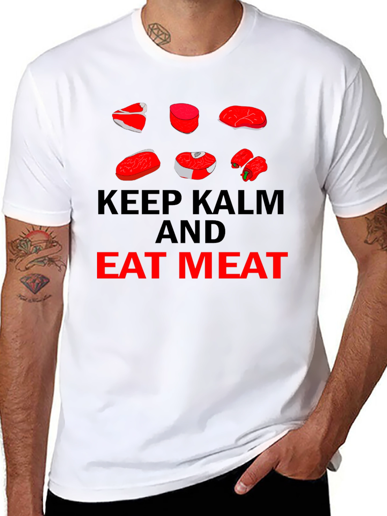 Black Keep Calm Eat Meat T-Shirt view 8