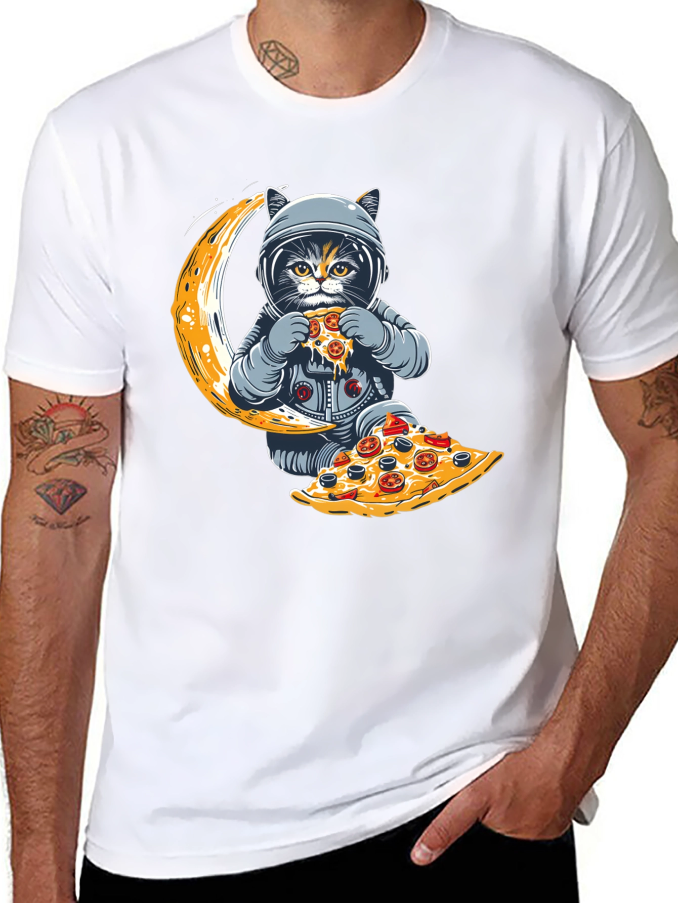 Black Astronaut Cat Pizza Moon T-Shirt view 8