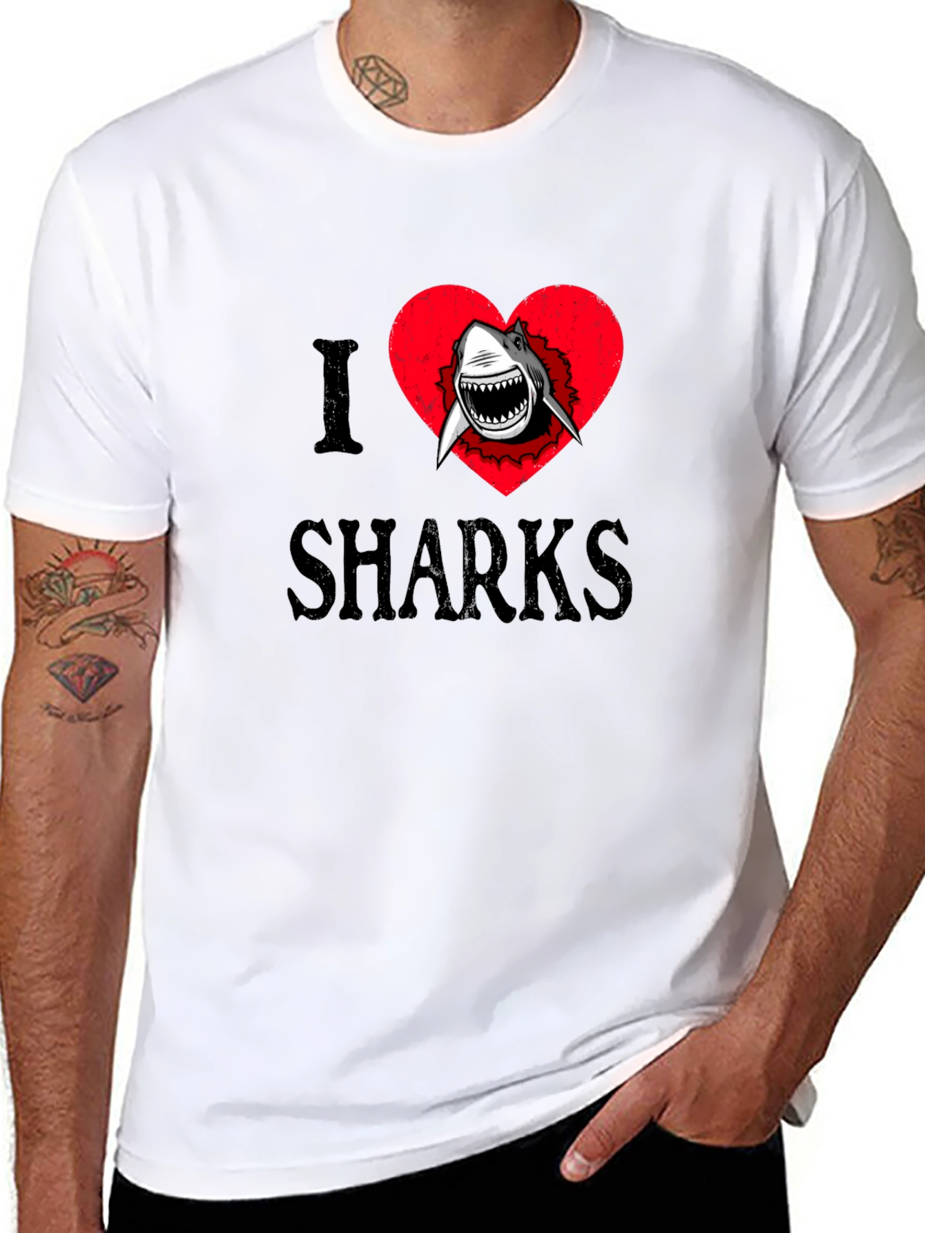 Black I Heart Sharks Graphic Tee - Black Cotton T-Shirt view 8