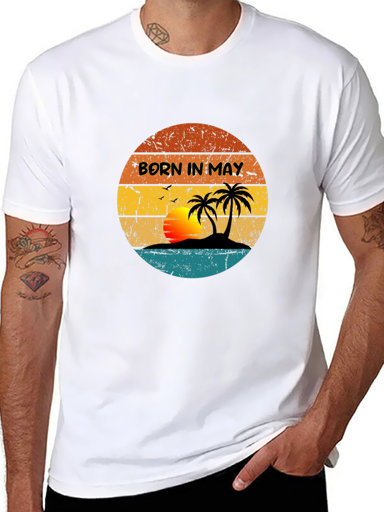 Black Born In May Retro Sunset T-Shirt view 8