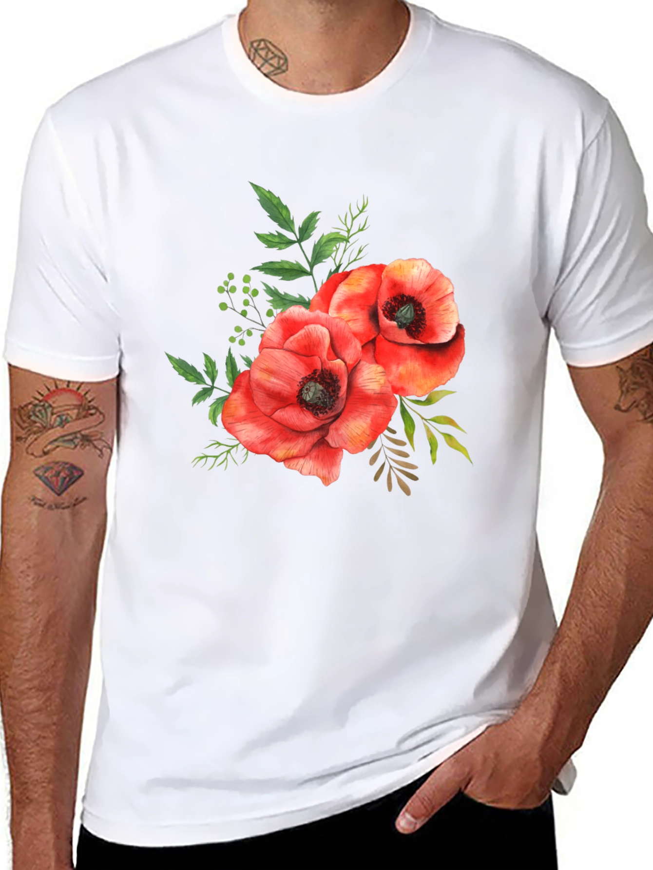 Black Floral Poppy T-Shirt - Black Cotton Tee view 8