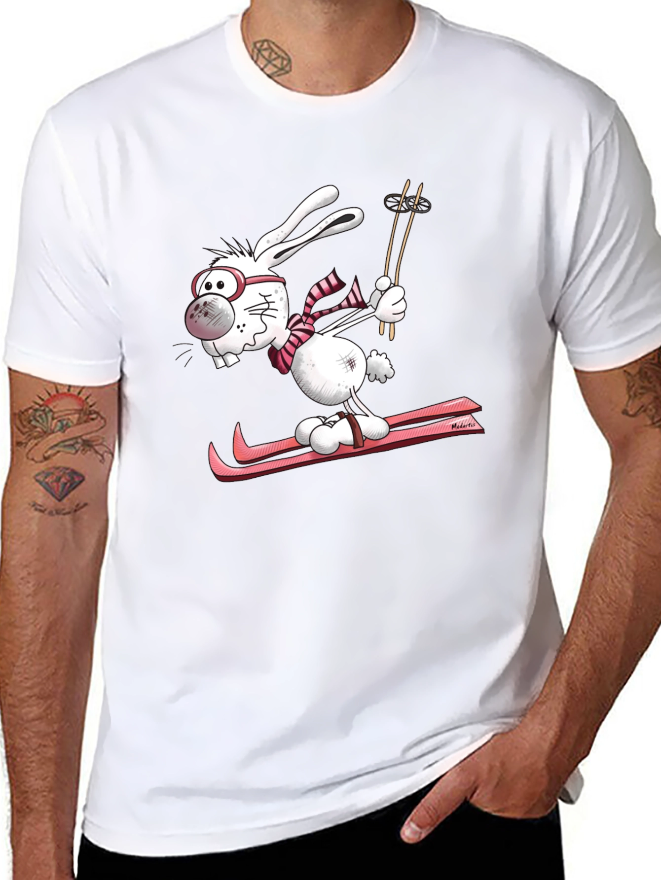 Black Skiing Bunny Graphic Tee - Unisex Black Cotton T-Shirt view 8