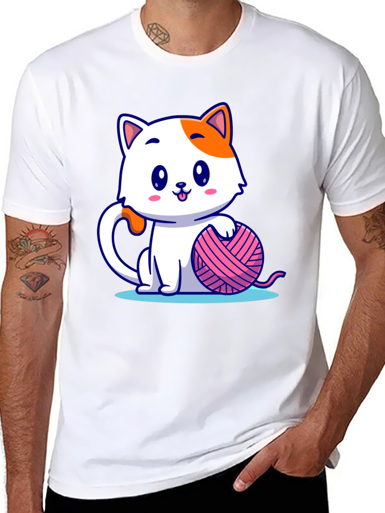 Black Cute Cartoon Cat with Yarn Ball Graphic Tee view 8