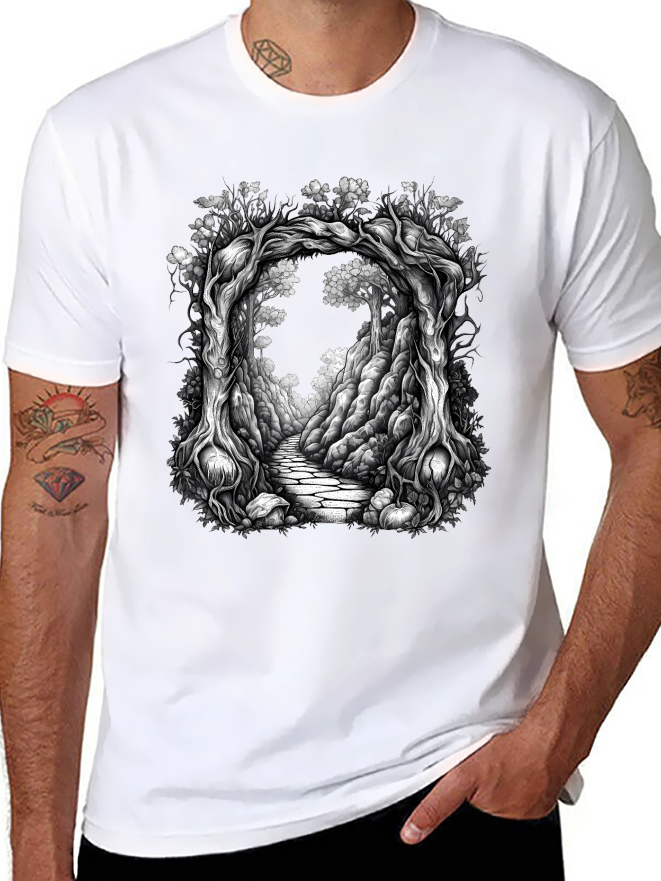 Black Enchanted Forest Tree Archway Graphic Tee view 8