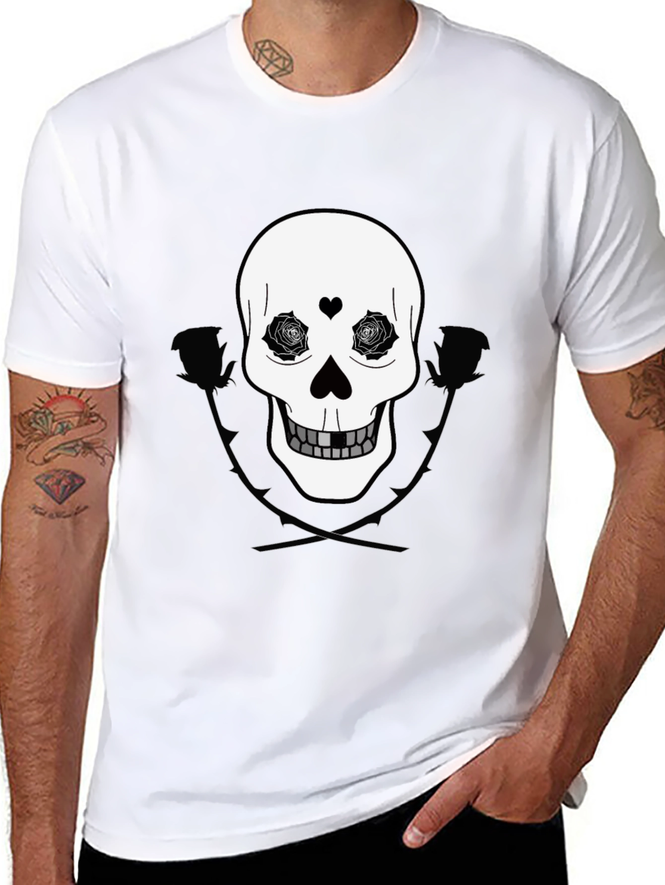 Black Skull & Roses Graphic Tee - Black Cotton Casual Wear view 8