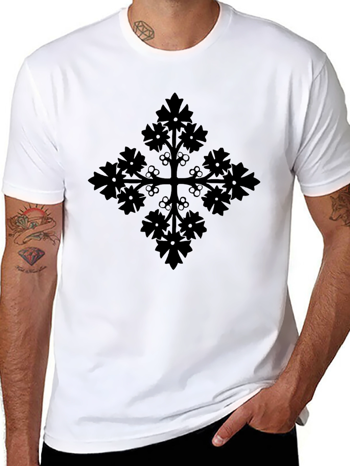 Black Black Tee with Floral Cross Design view 8