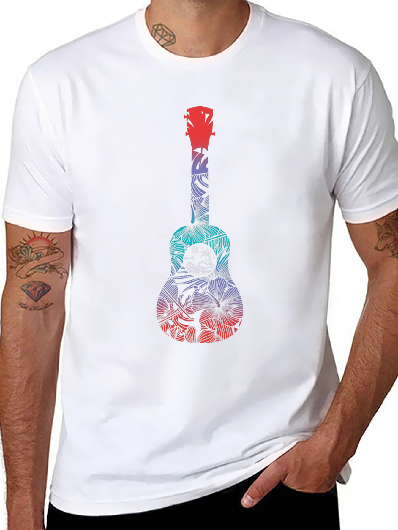 Black Tropical Ukulele Graphic Tee - Black Cotton T-Shirt view 8