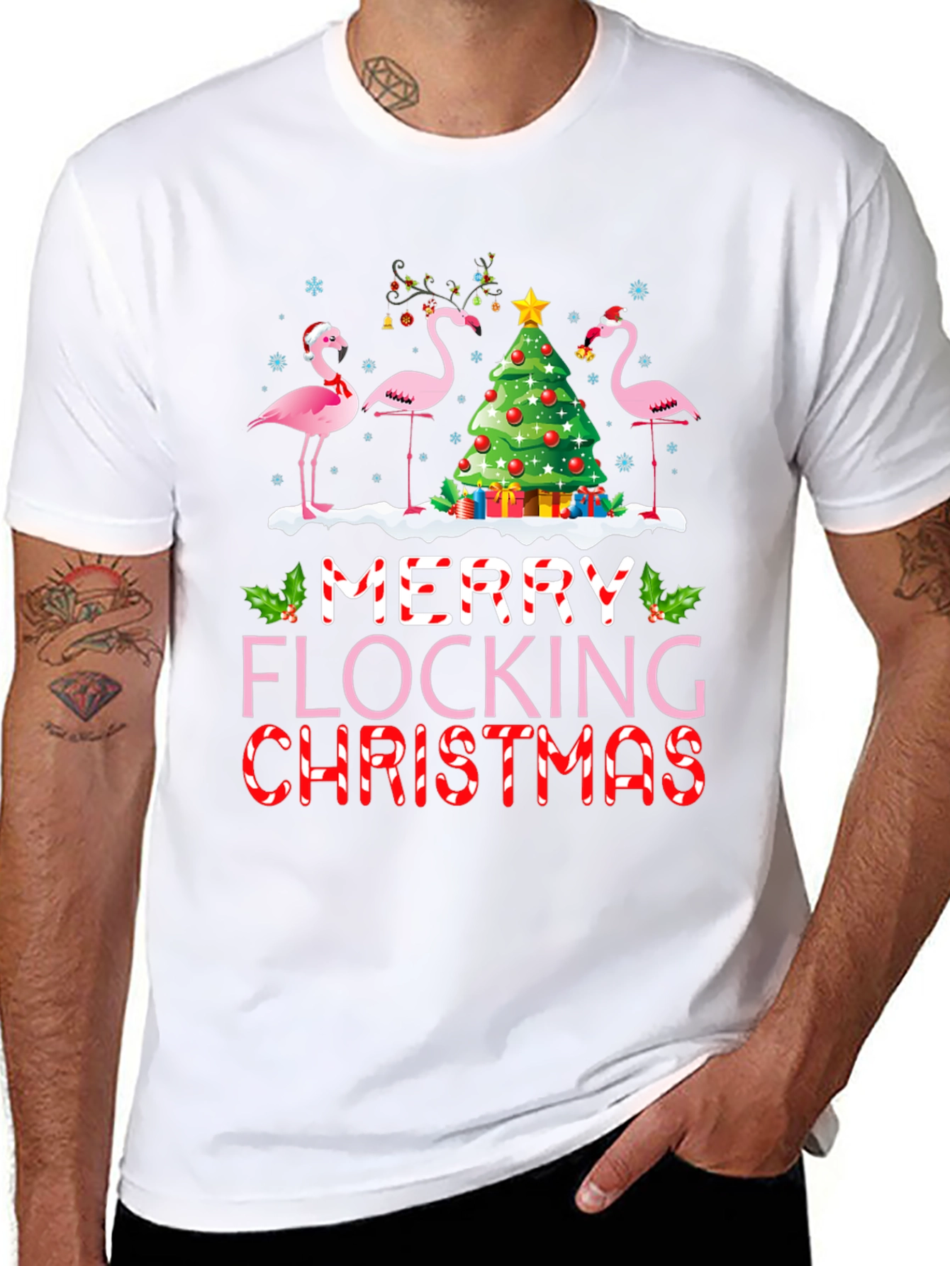 Black Merry Flocking Christmas Flamingo Holiday T-Shirt view 8