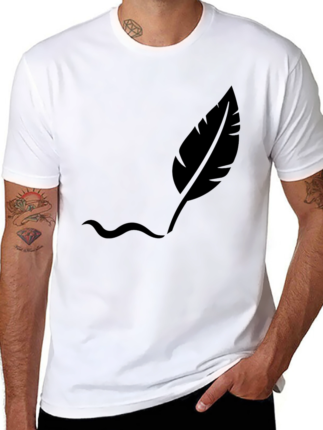 Black Men's Black T-Shirt with Feather Design view 8