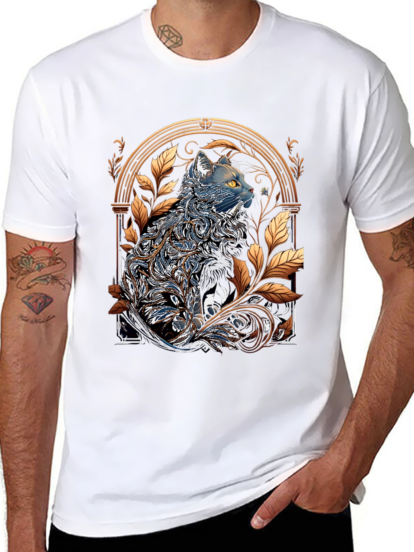 Black Ornate Cat Design Black T-Shirt view 8
