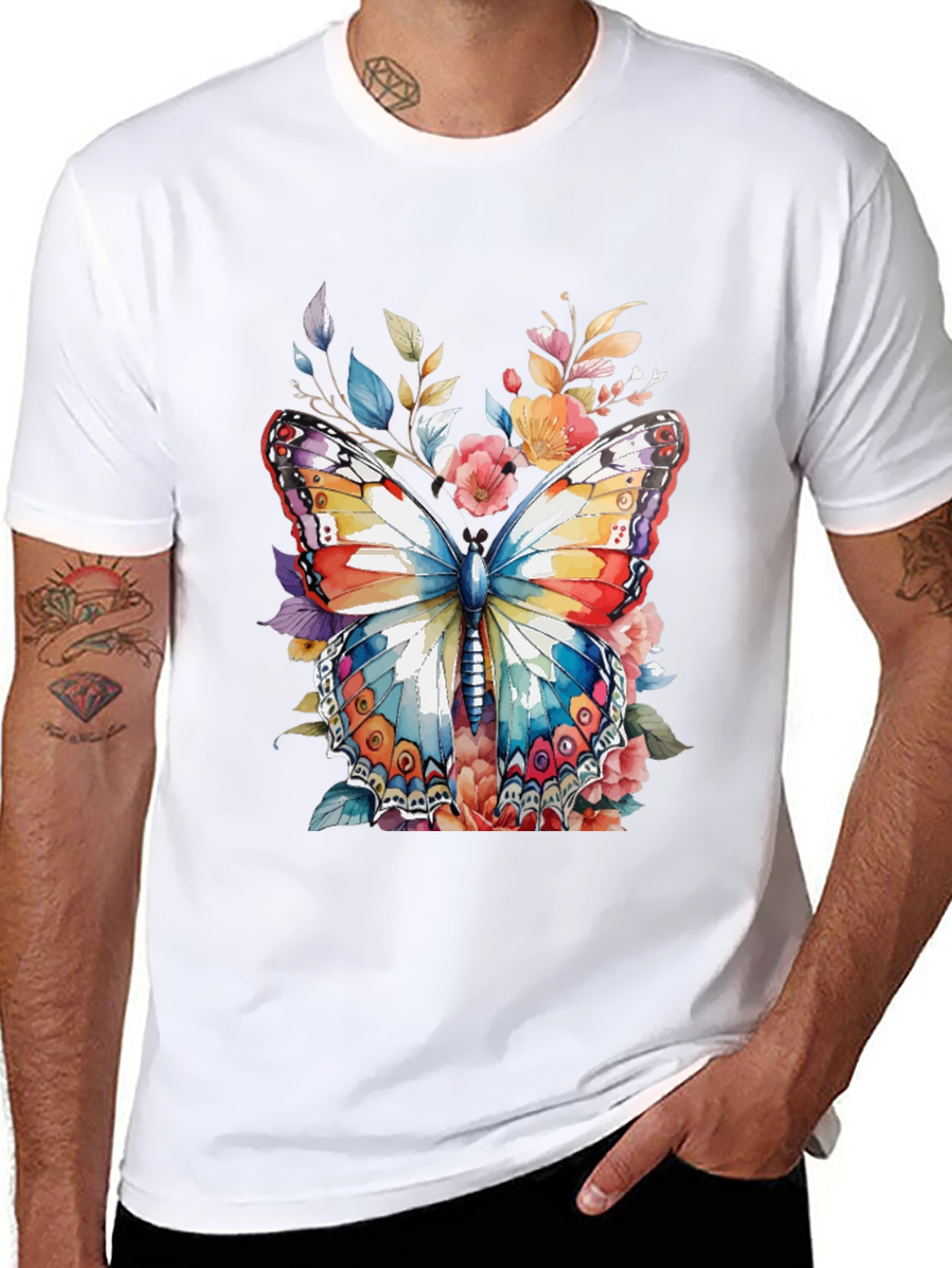 Black Butterfly Floral Graphic Print Men's Tee view 8