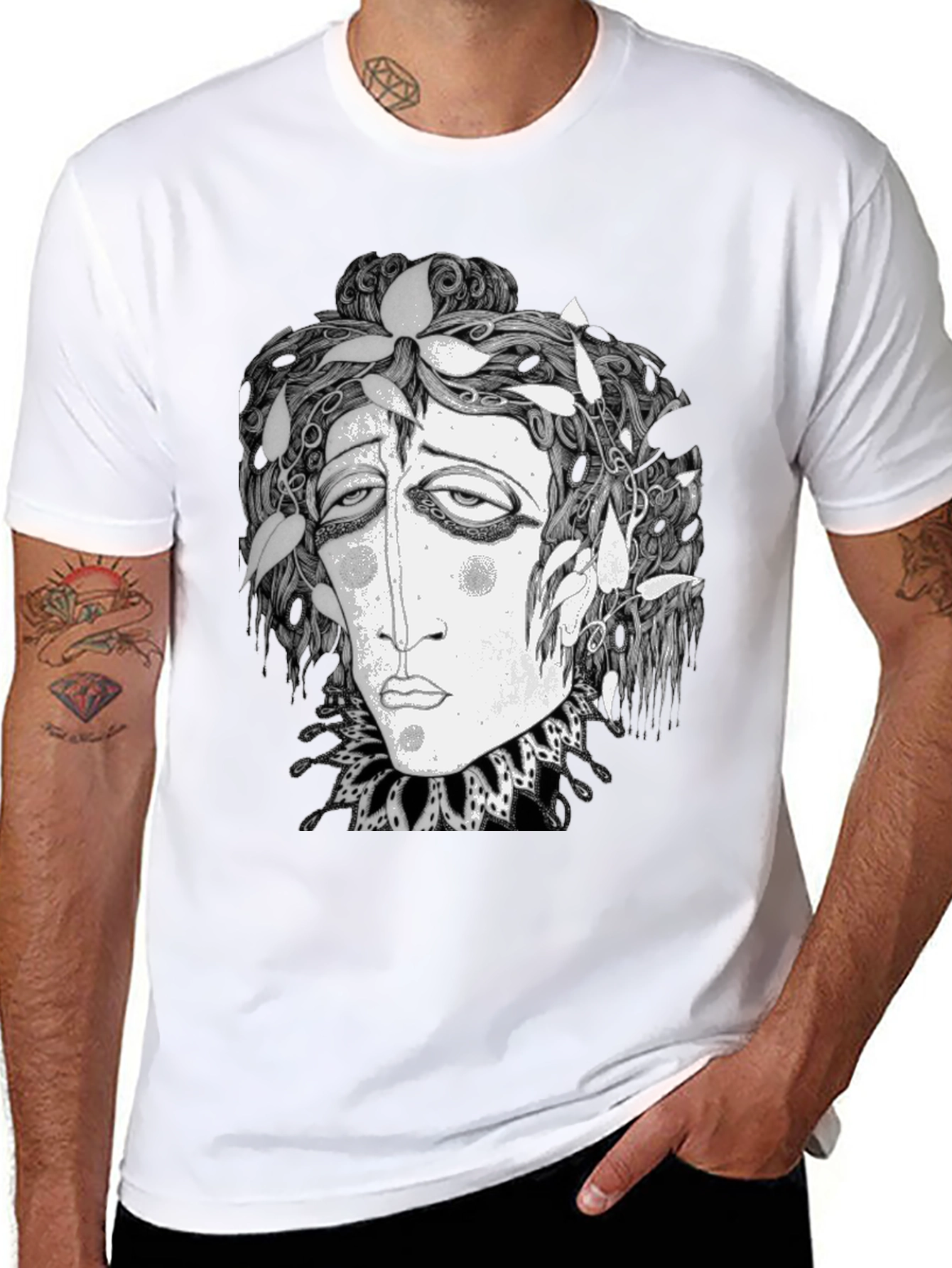 Black Surreal Face Graphic Print Black T-Shirt view 8