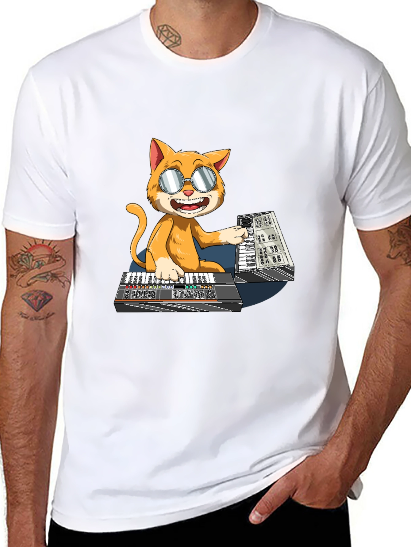 Black Cool Cat Keyboardist T-Shirt view 8