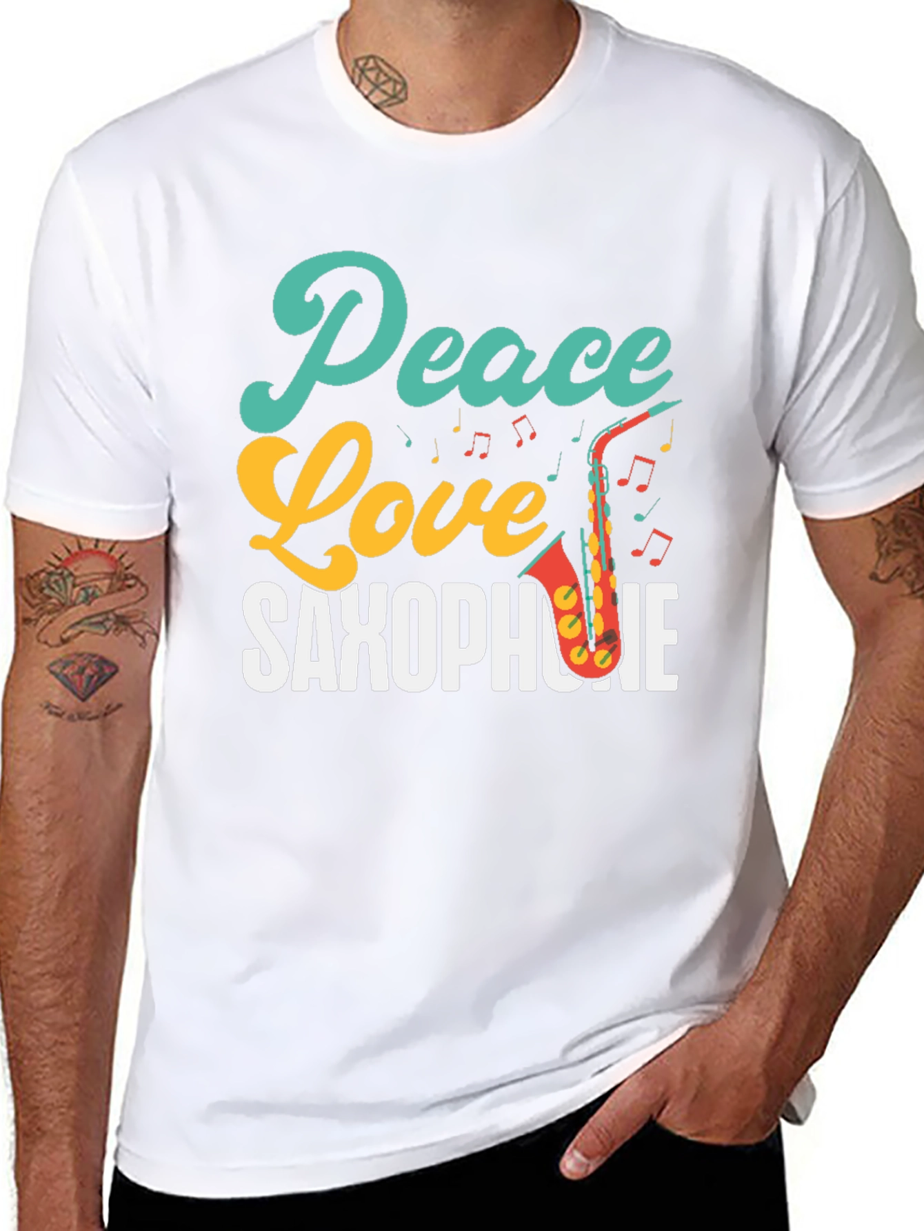 Black Peace Love Saxophone T-Shirt - Music Lover Tee view 8