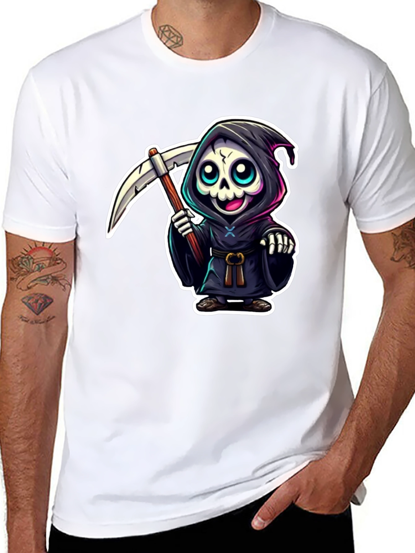 Black Grim Reaper Cartoon Graphic Black T-Shirt view 8