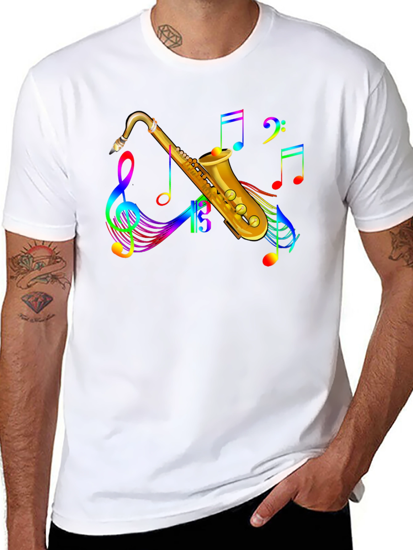 Black Rainbow Saxophone Music Notes Black T-Shirt view 8