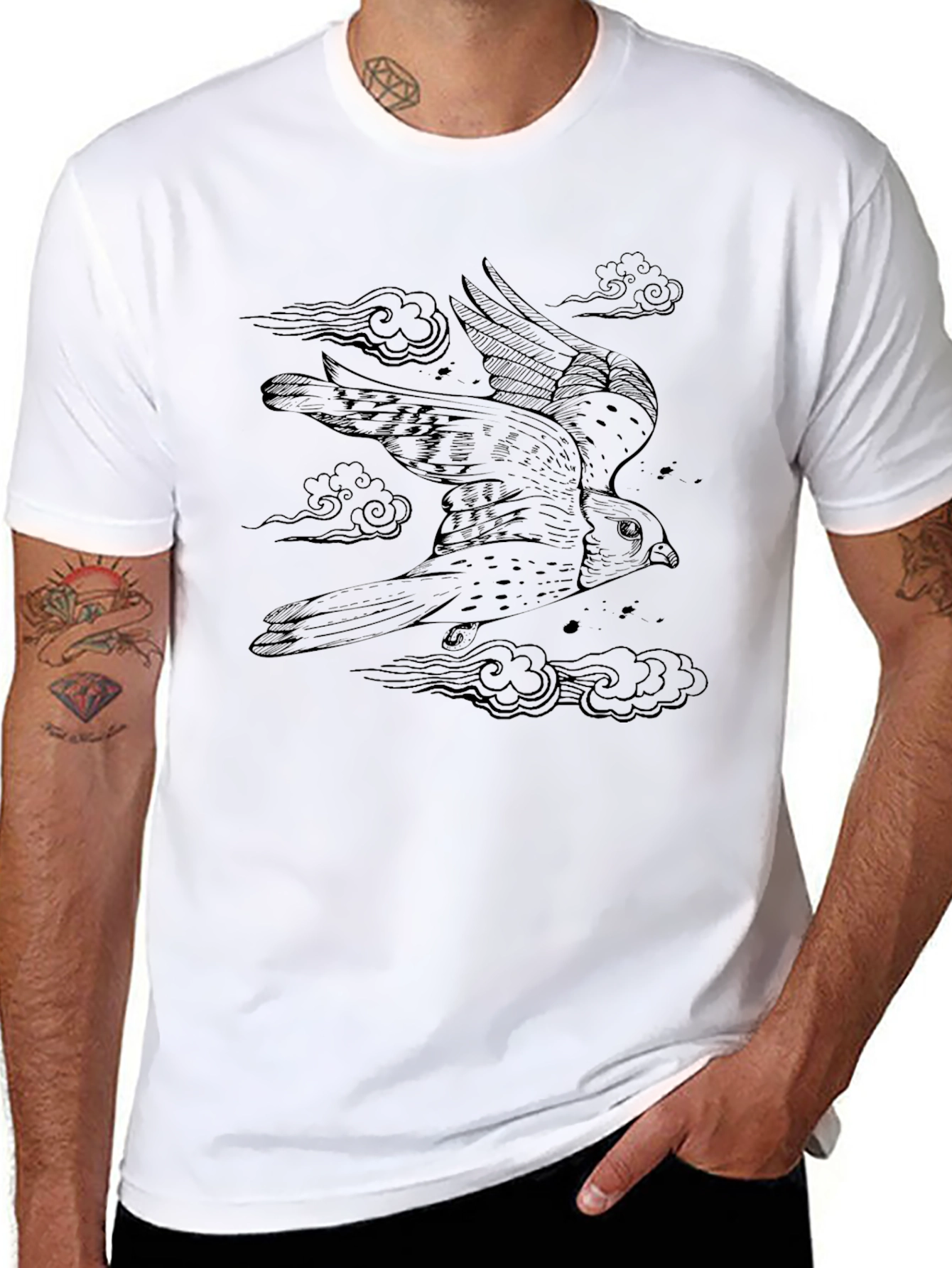 Black Men's Black Tee with Falcon Graphic Print view 8