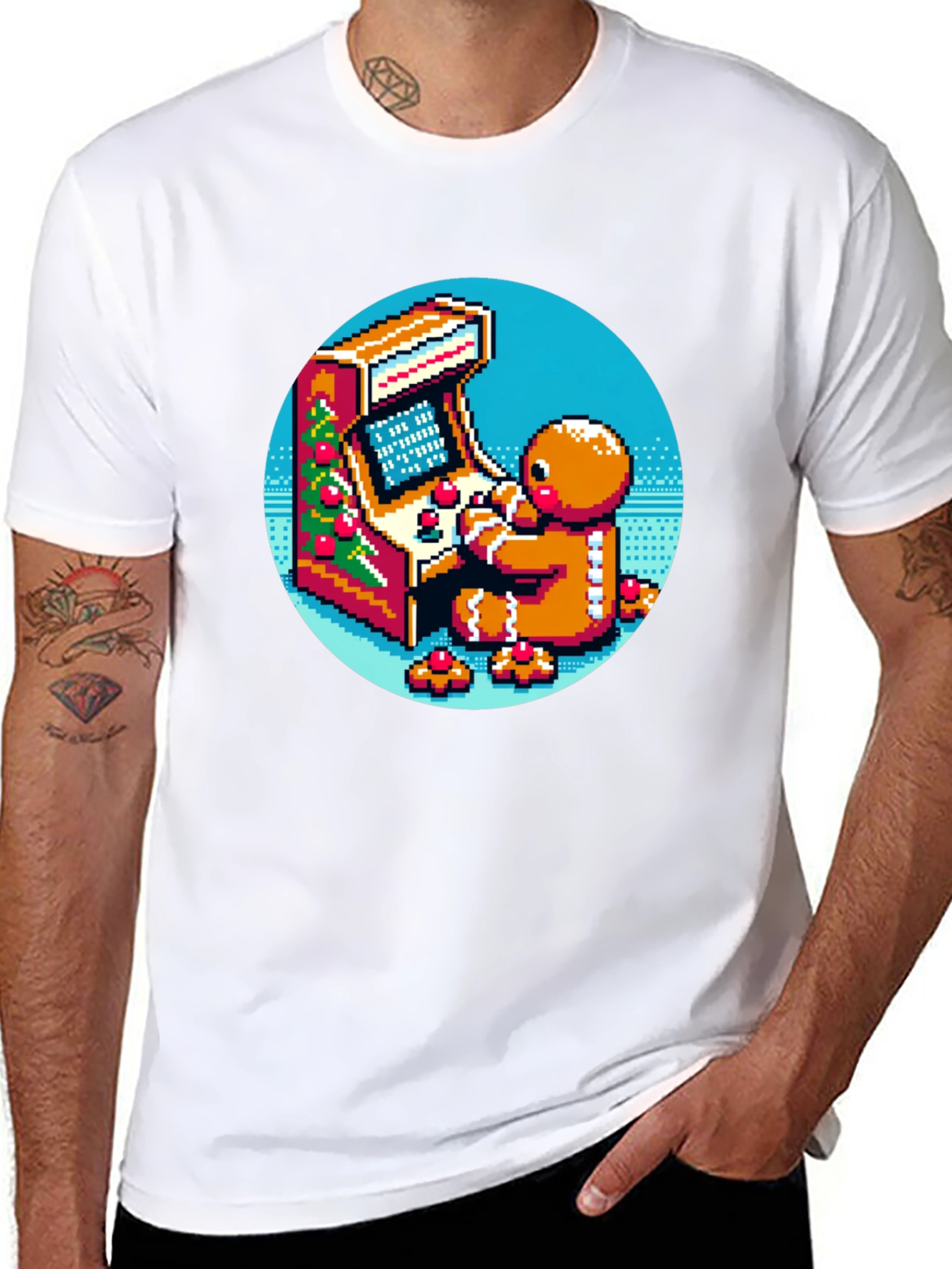Black Gingerbread Gamer T-Shirt - Retro Pixel Arcade Fun view 8