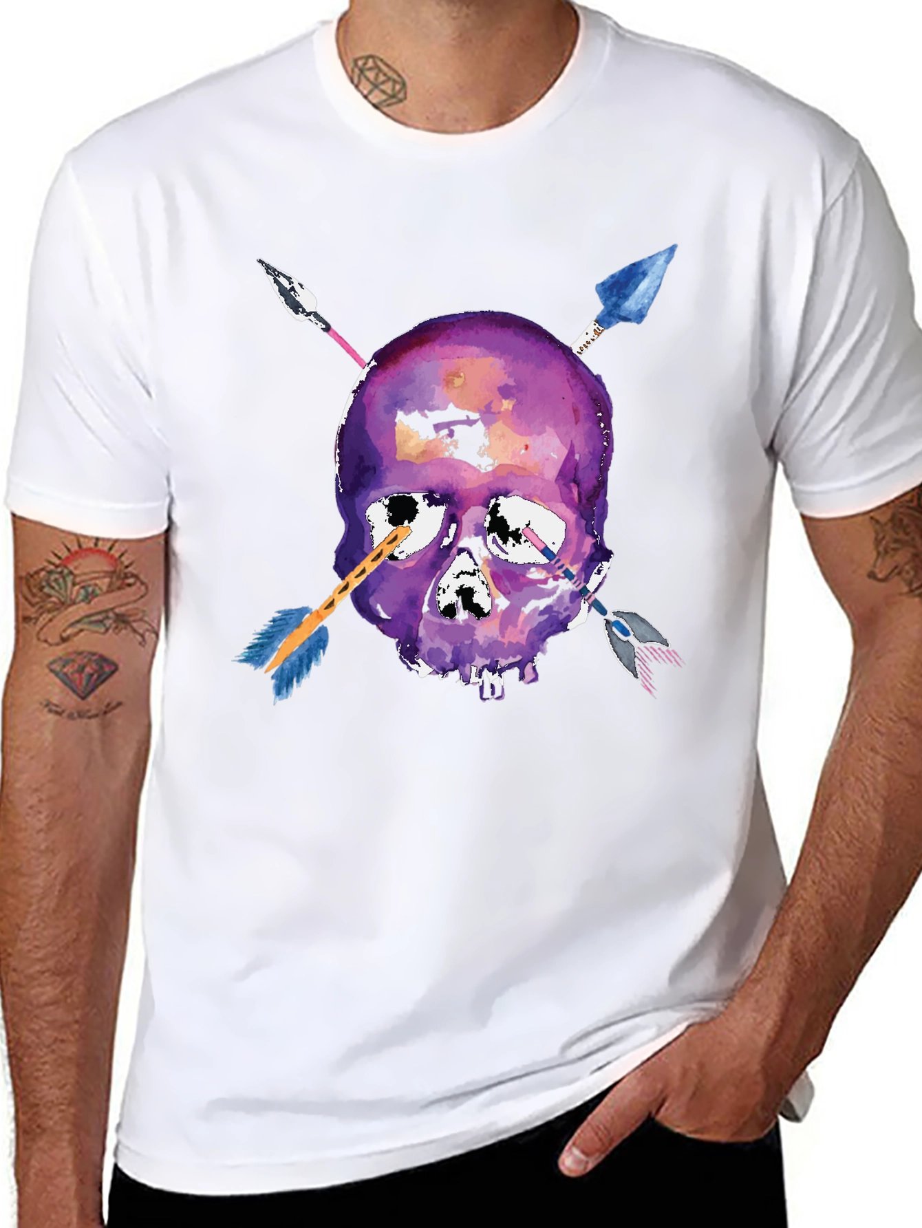 Black Skull Arrows T-Shirt - Unique Watercolor Style view 8