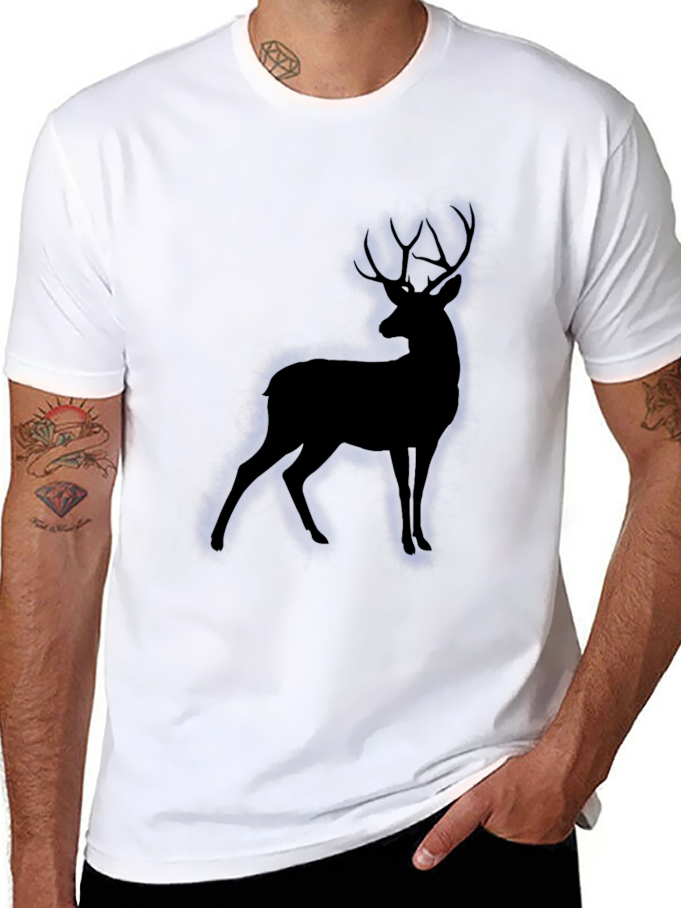 Black Men's Black T-Shirt with Deer Silhouette view 8