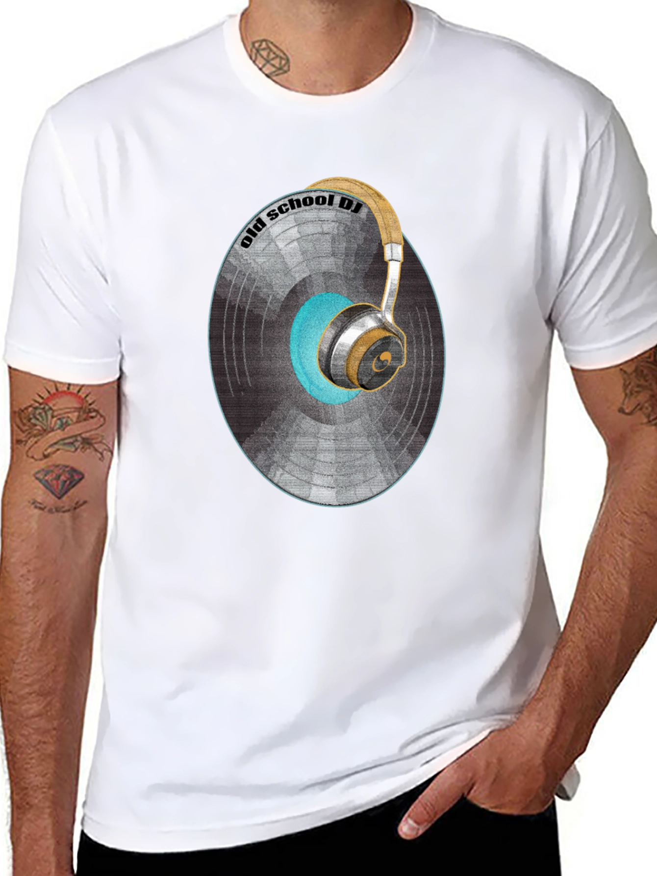 Black Old School DJ Graphic T-Shirt - Vintage Vinyl & Headphones Design view 8