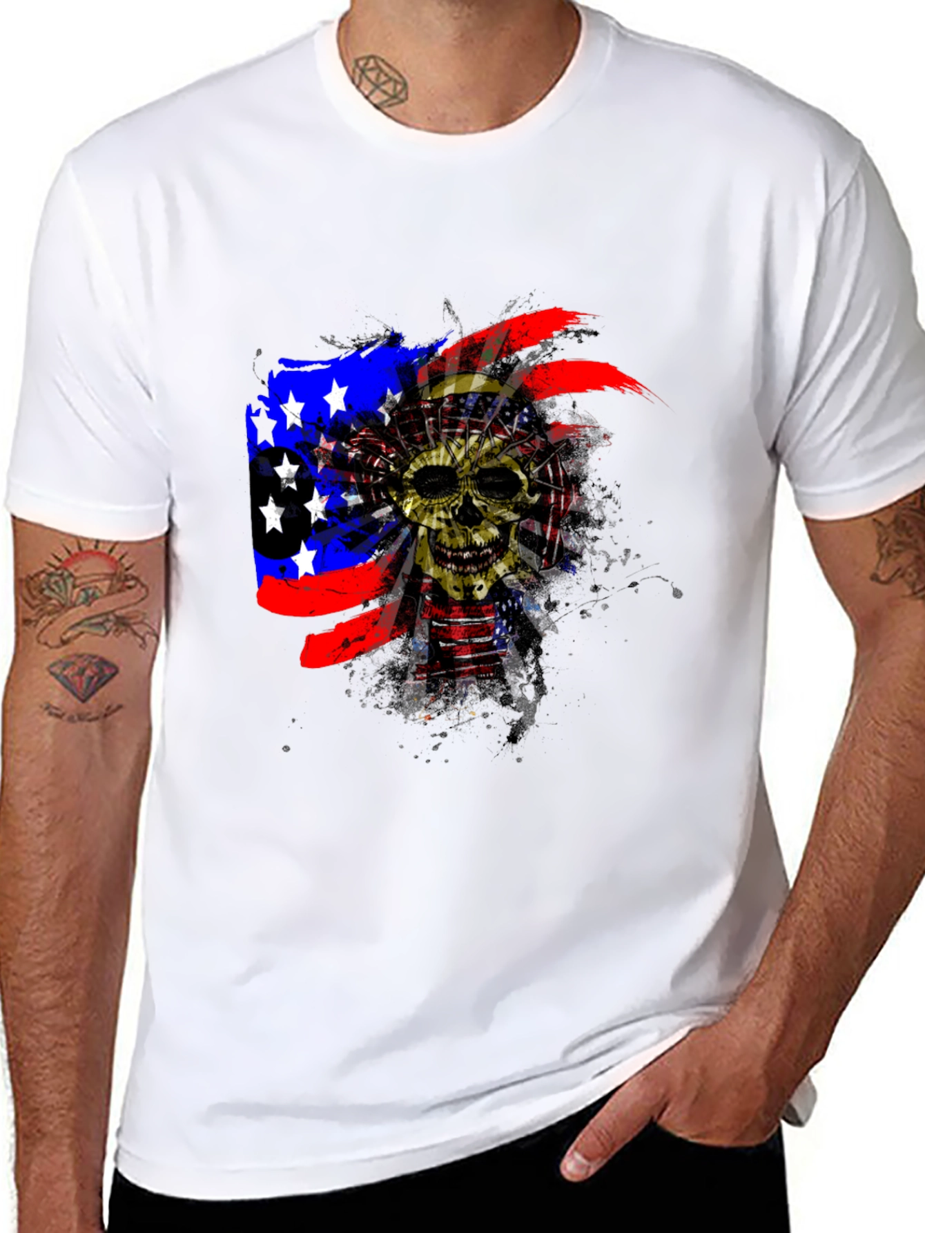 Black Skull American Flag Men's Black T-Shirt view 8