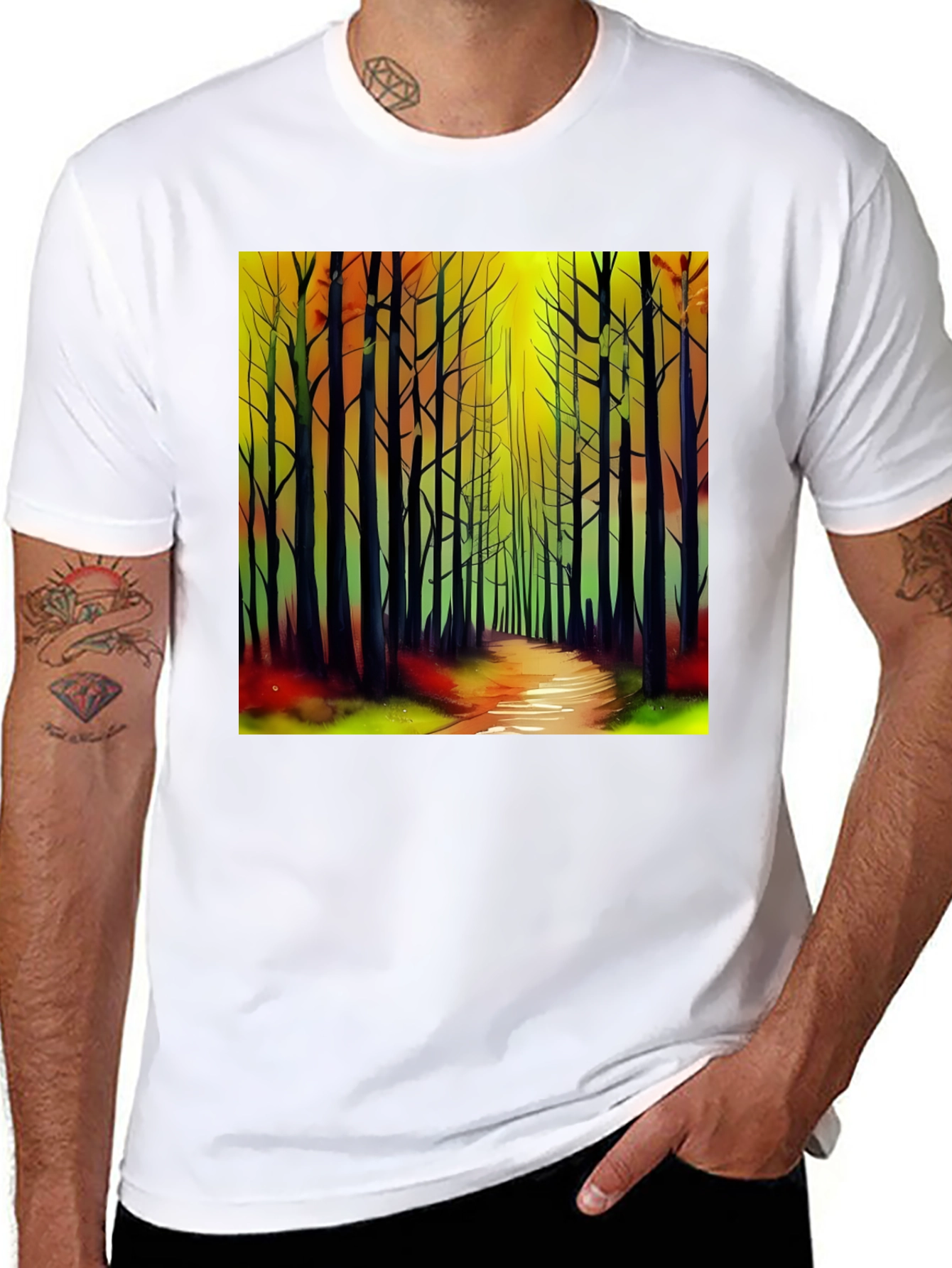 Black Abstract Forest Print Black T-Shirt view 8