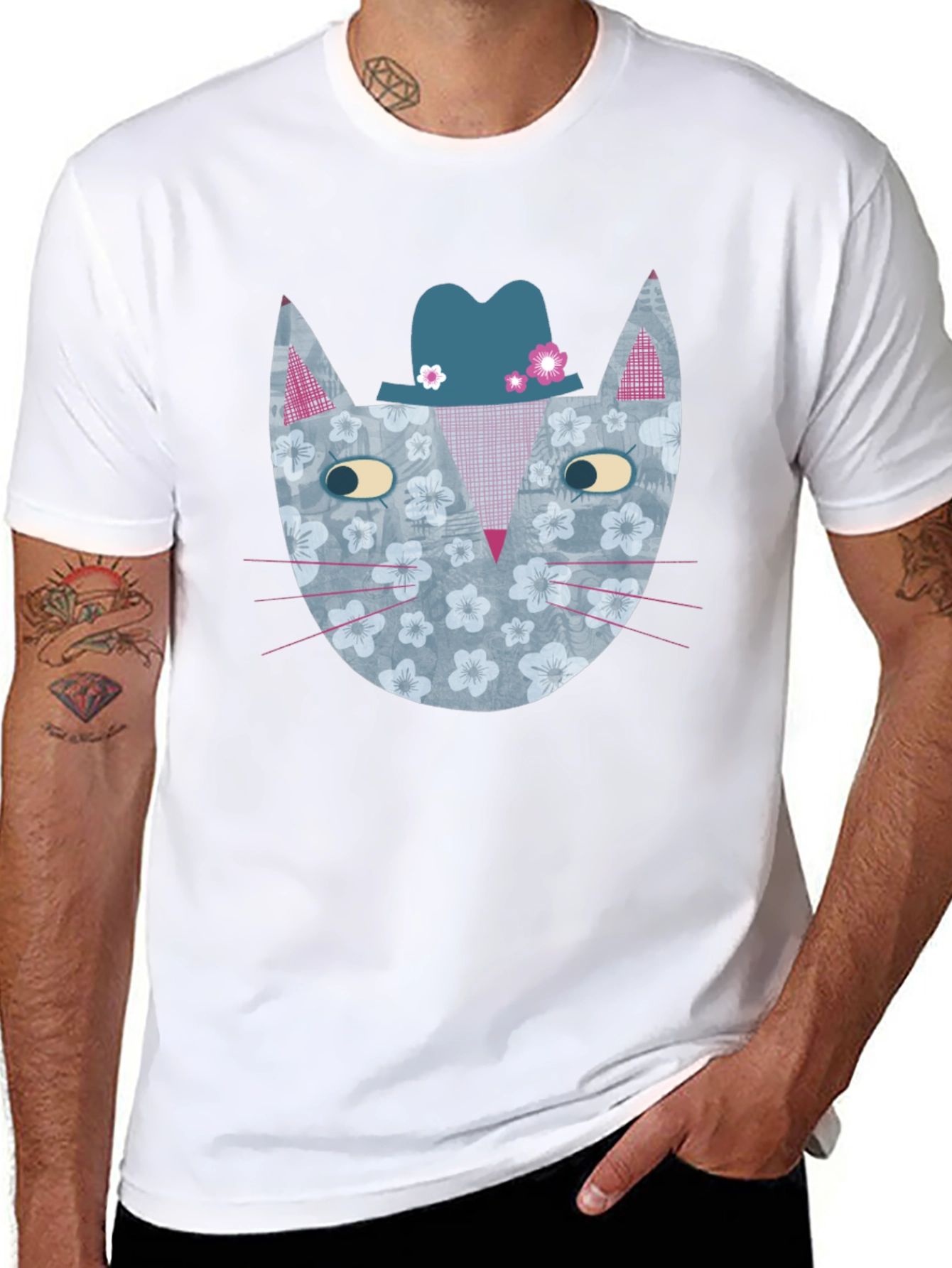 Black Floral Cat with Hat Men's Graphic Tee view 8