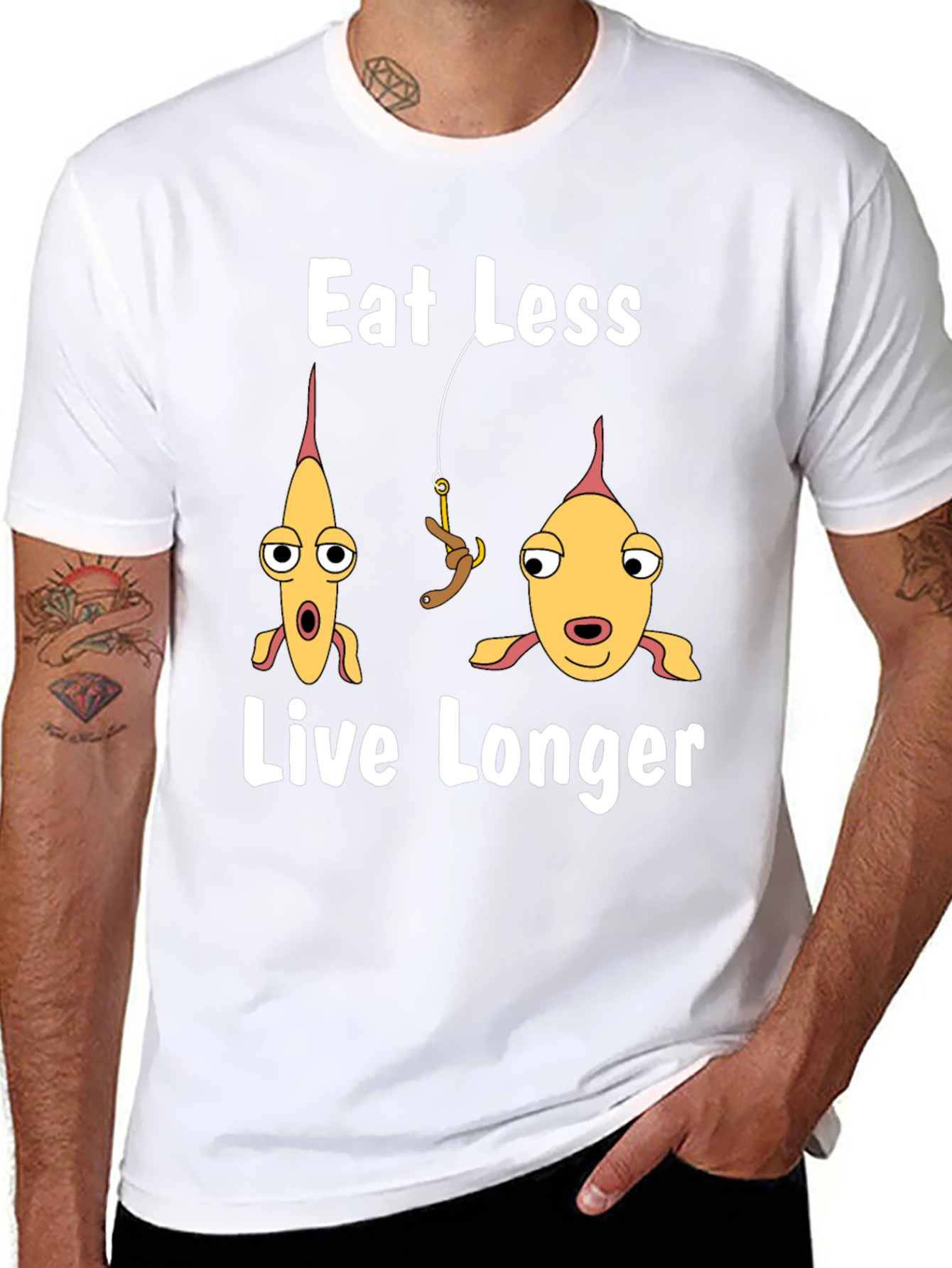 Black Eat Less Live Longer Funny Fish Graphic T-Shirt view 8