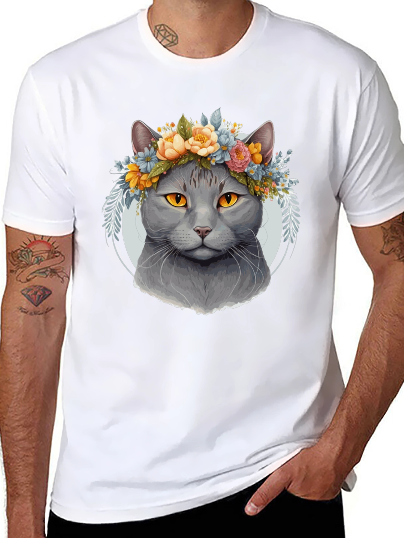Black Cat Flower Crown Graphic Tee - Unique Style view 8