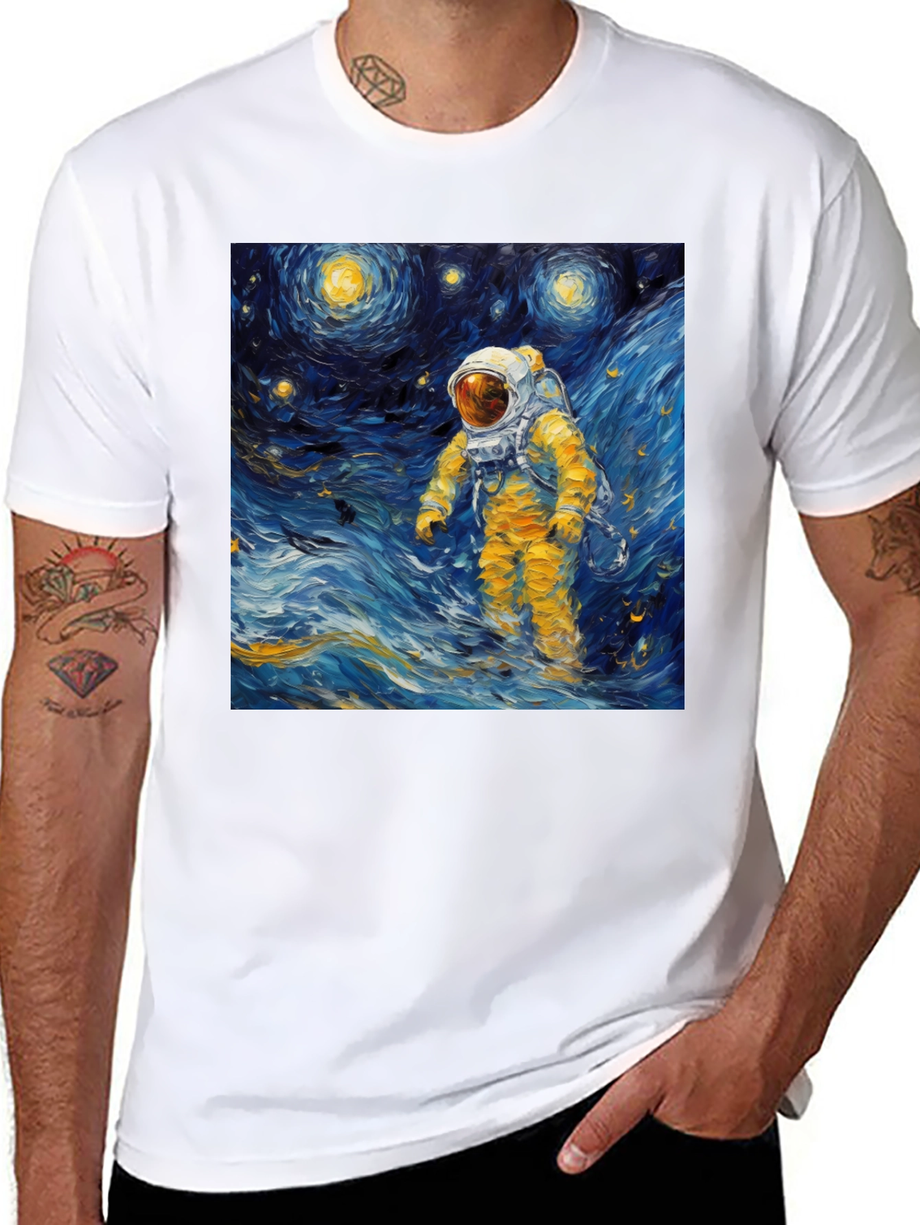 Black Starry Night Astronaut Graphic Tee view 8