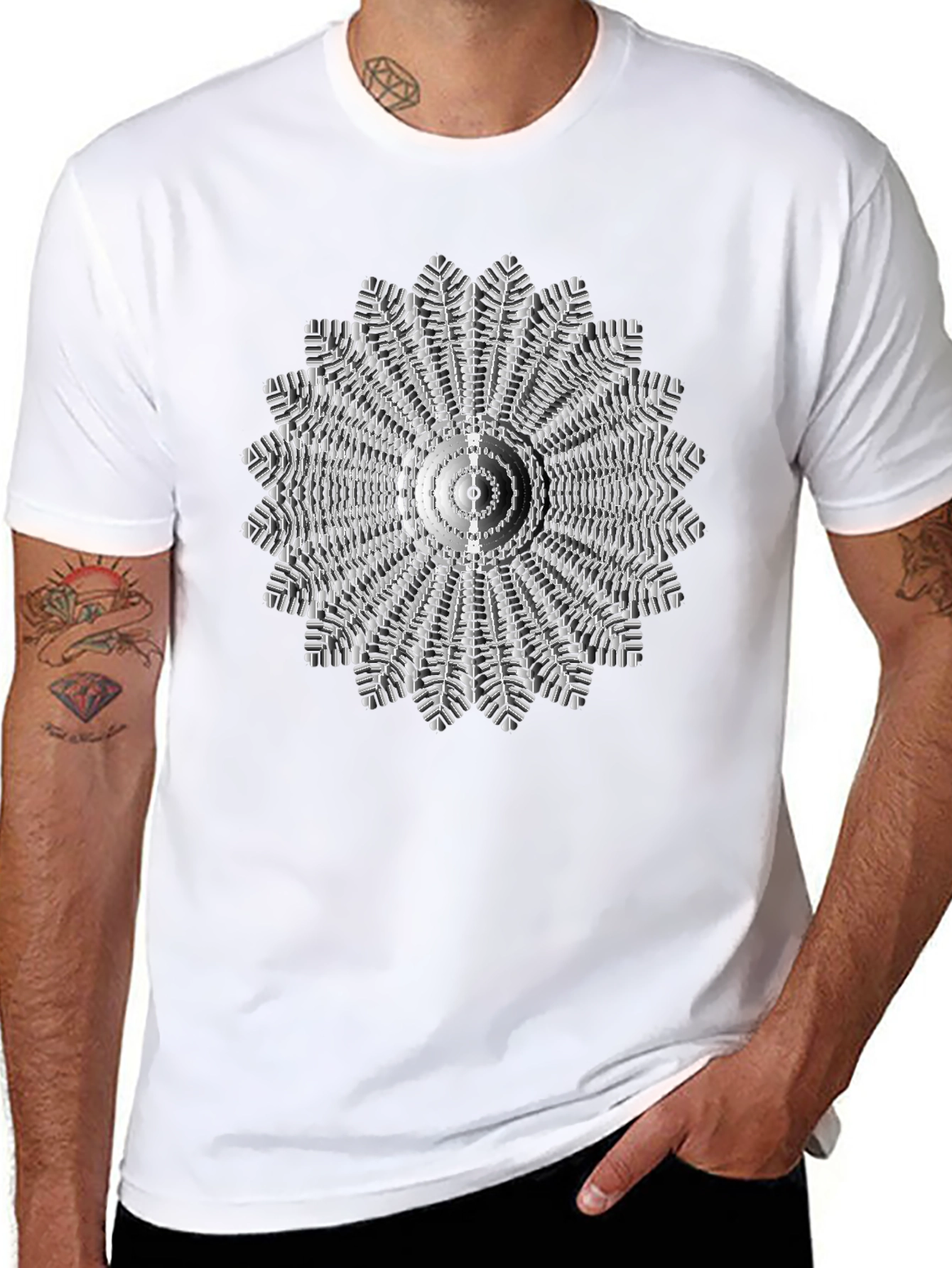 Black Abstract Radial Design Black T-Shirt view 8