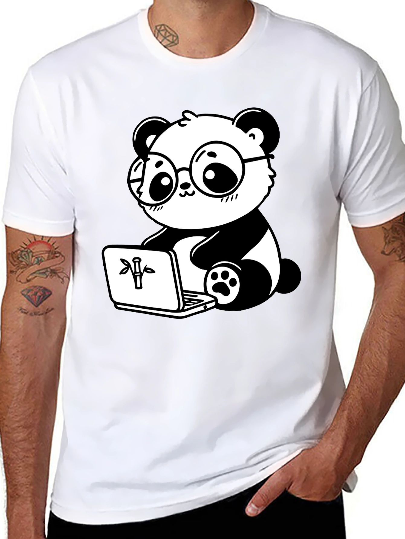 Black Cute Panda Laptop Graphic T-Shirt view 8