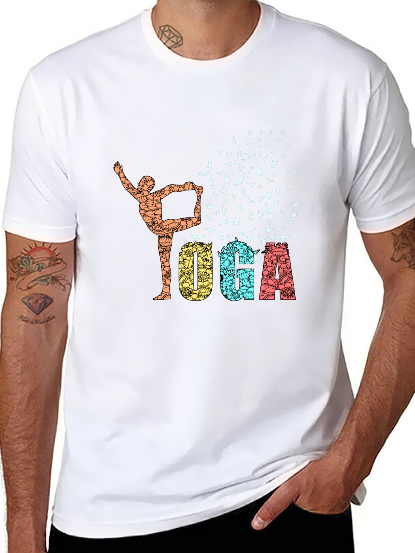 Black Yoga Pose & Birds Graphic Print Black T-Shirt view 8